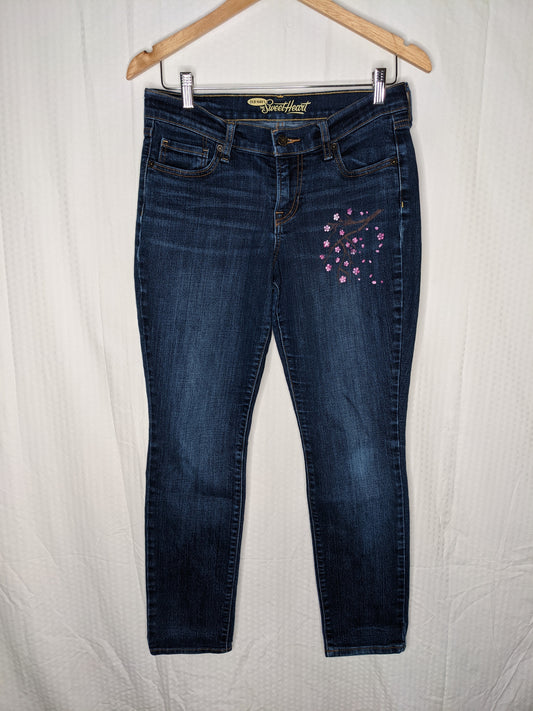 Upcycled Dark Wash Hand Painted Cherry Blossom Mid Rise Flare Jeans - Size 8 Short