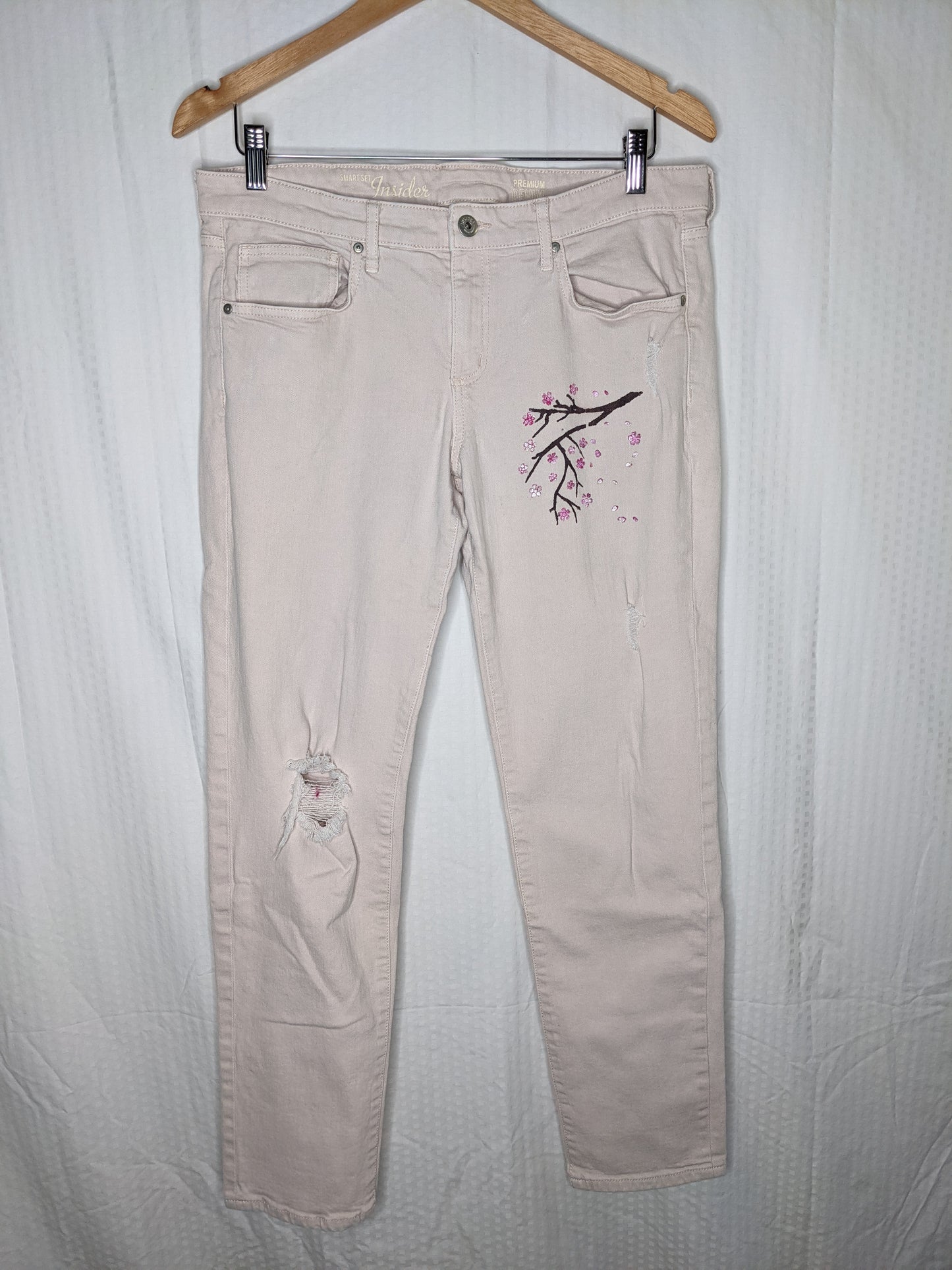 Upcycled Light Pink Painted Cherry Blossom Skinny Jeans -  Size 31
