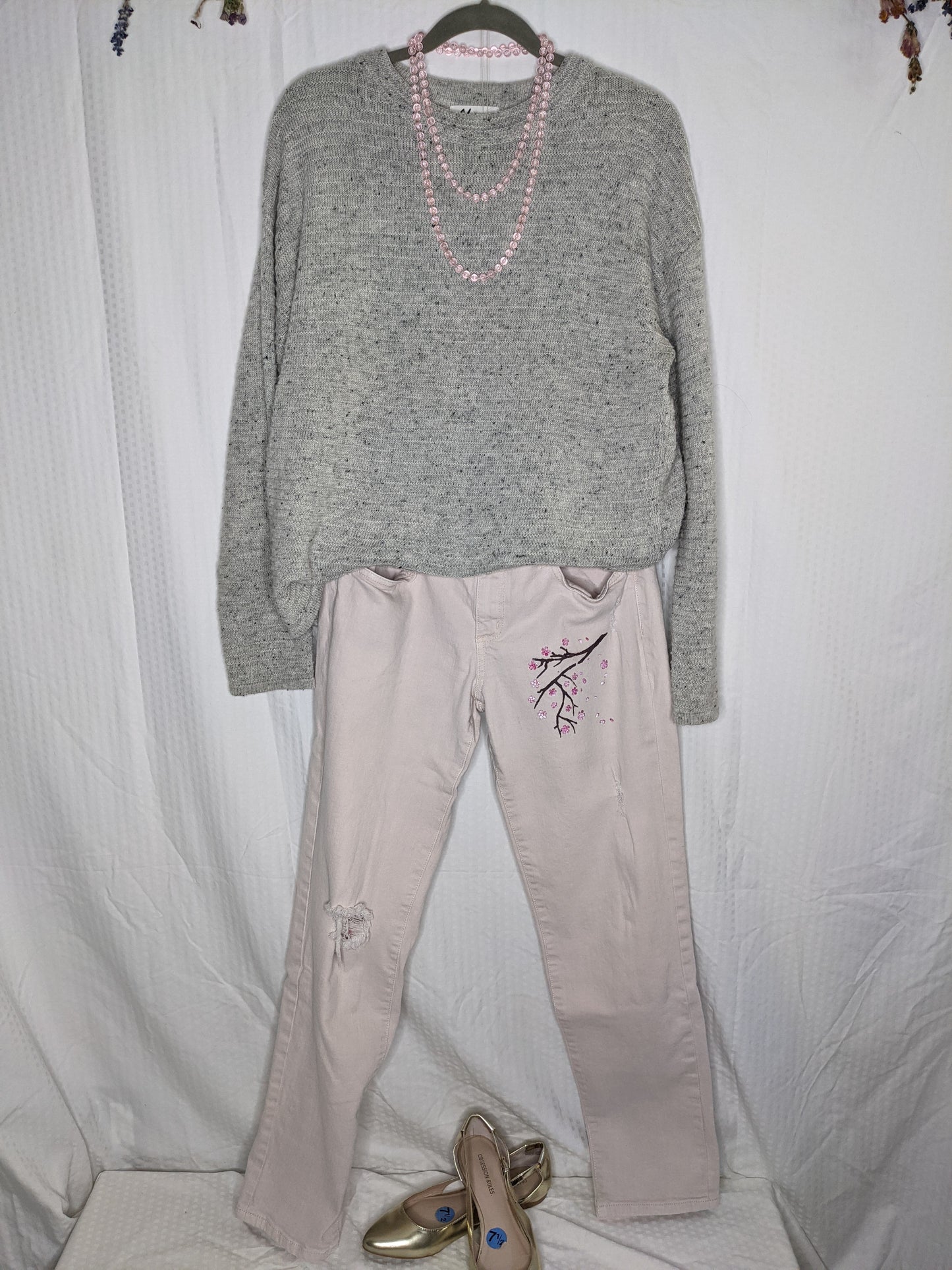 Upcycled Light Pink Painted Cherry Blossom Skinny Jeans -  Size 31