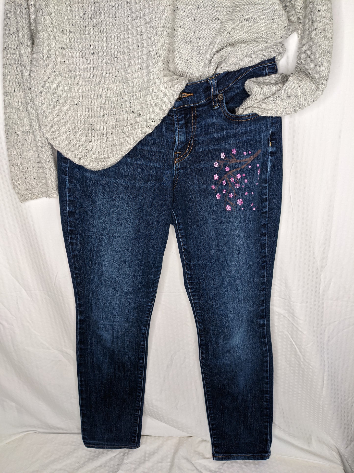 Eco Pretty Upcycled Cherry Blossom Print Dark Wash Skinny Jeans - Size 6