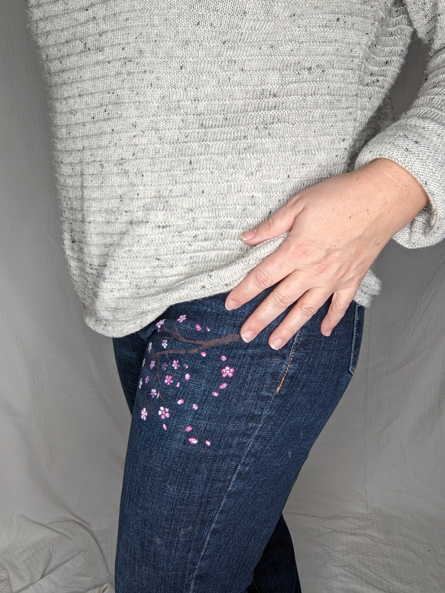 Upcycled Dark Wash Hand Painted Cherry Blossom Mid Rise Flare Jeans - Size 8 Short