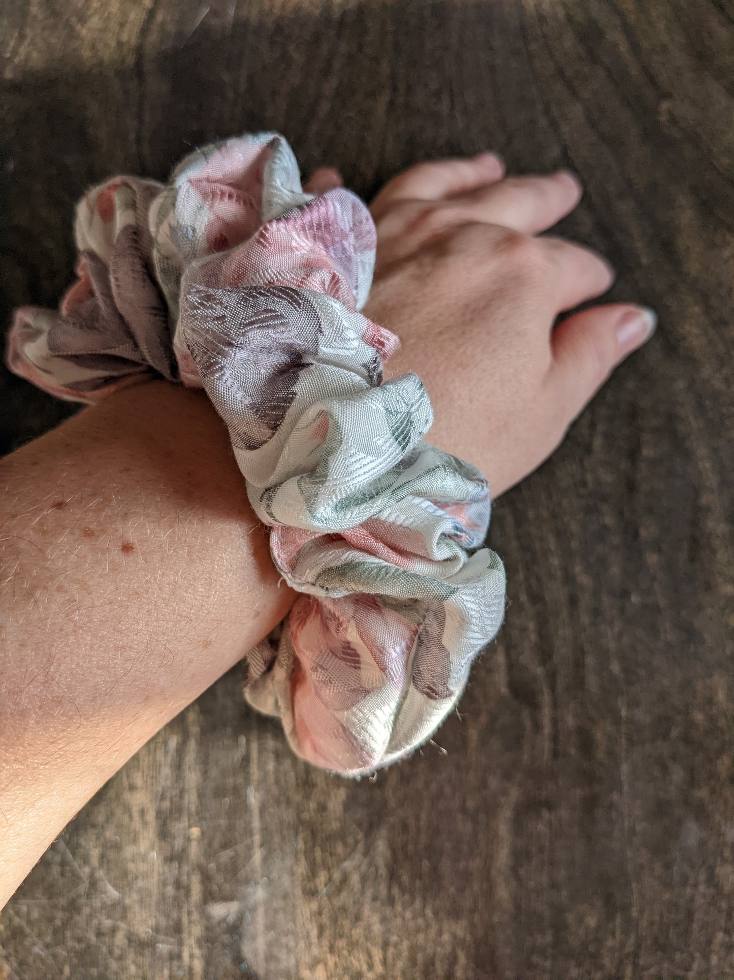 Dusty Pastel Floral Satin Upcycled Scrunchie