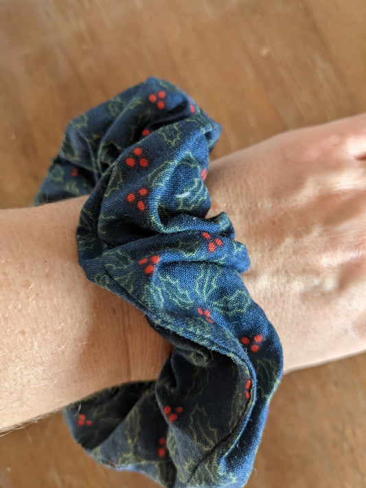Navy Festive Holly Print Upcycled Scrunchie