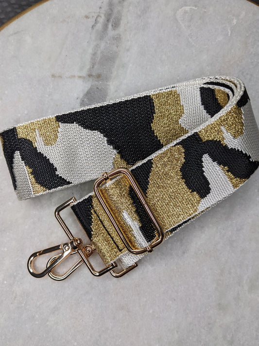 CTHRU Purses Camo White, Black and Gold Purse Strap with Gold Accents NWOT