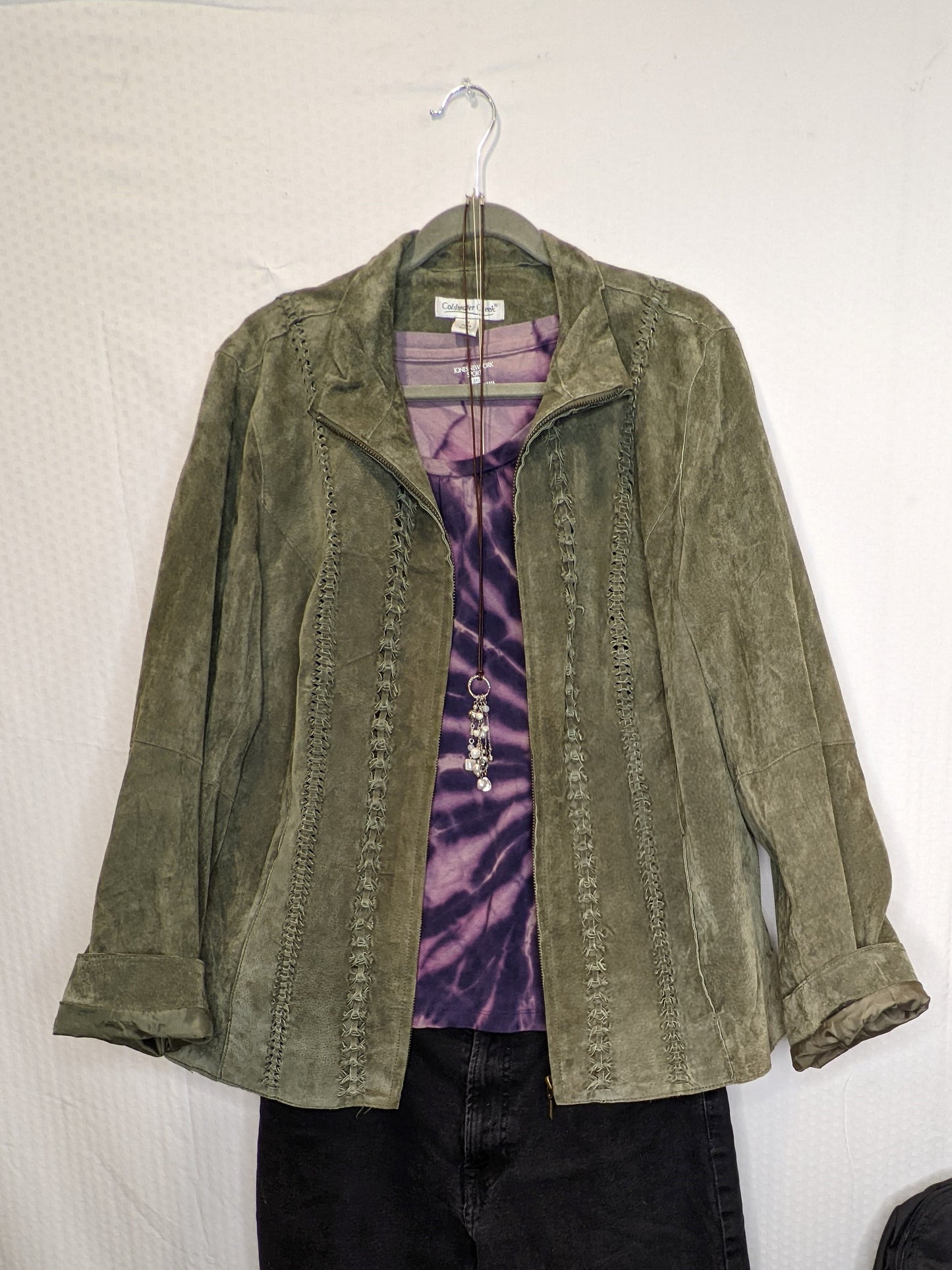 Coldwater Creek Olive Green Boho Suede Leather Braided Jacket - XL