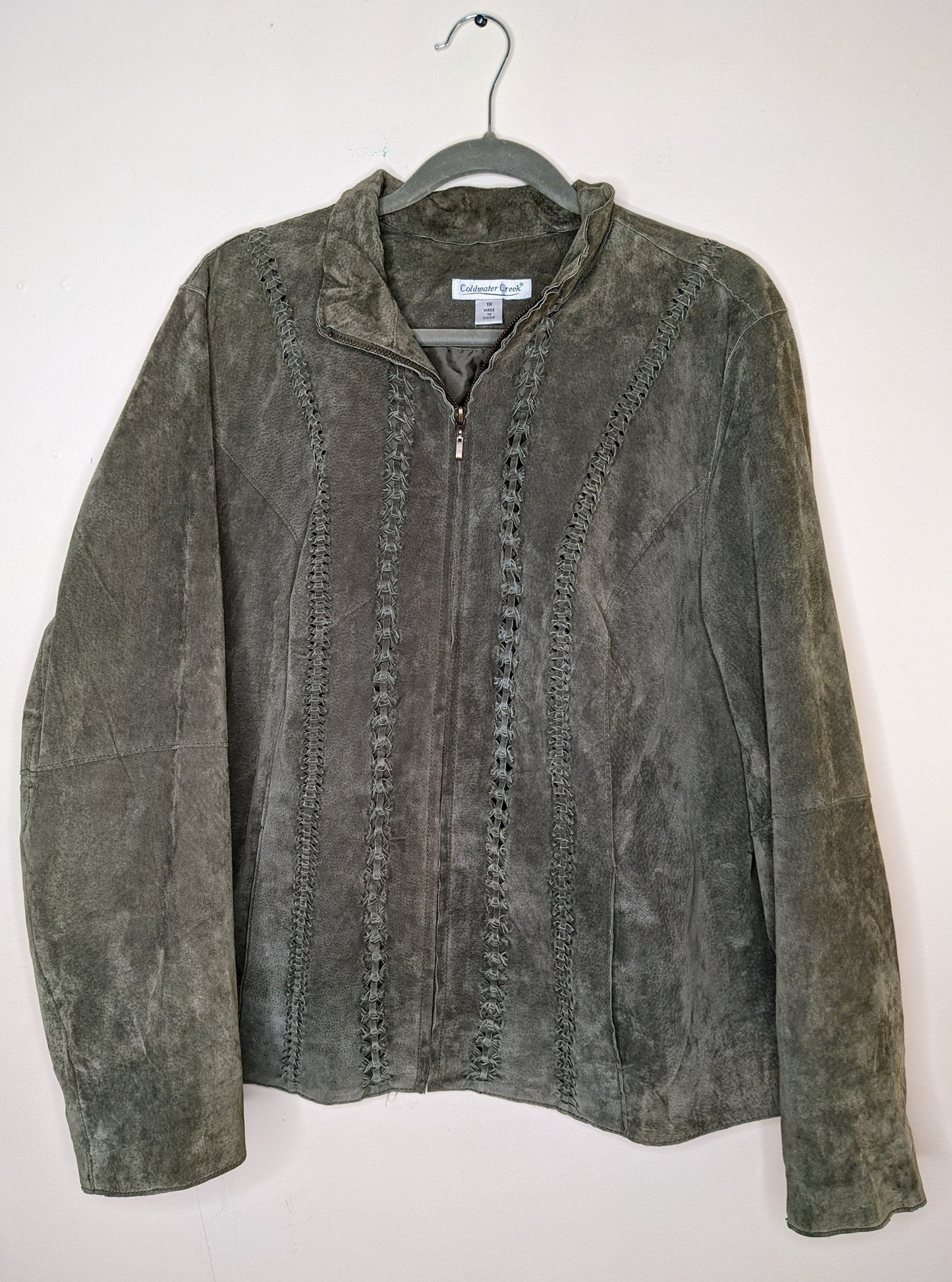 Coldwater Creek Olive Green Boho Suede Leather Braided Jacket - XL