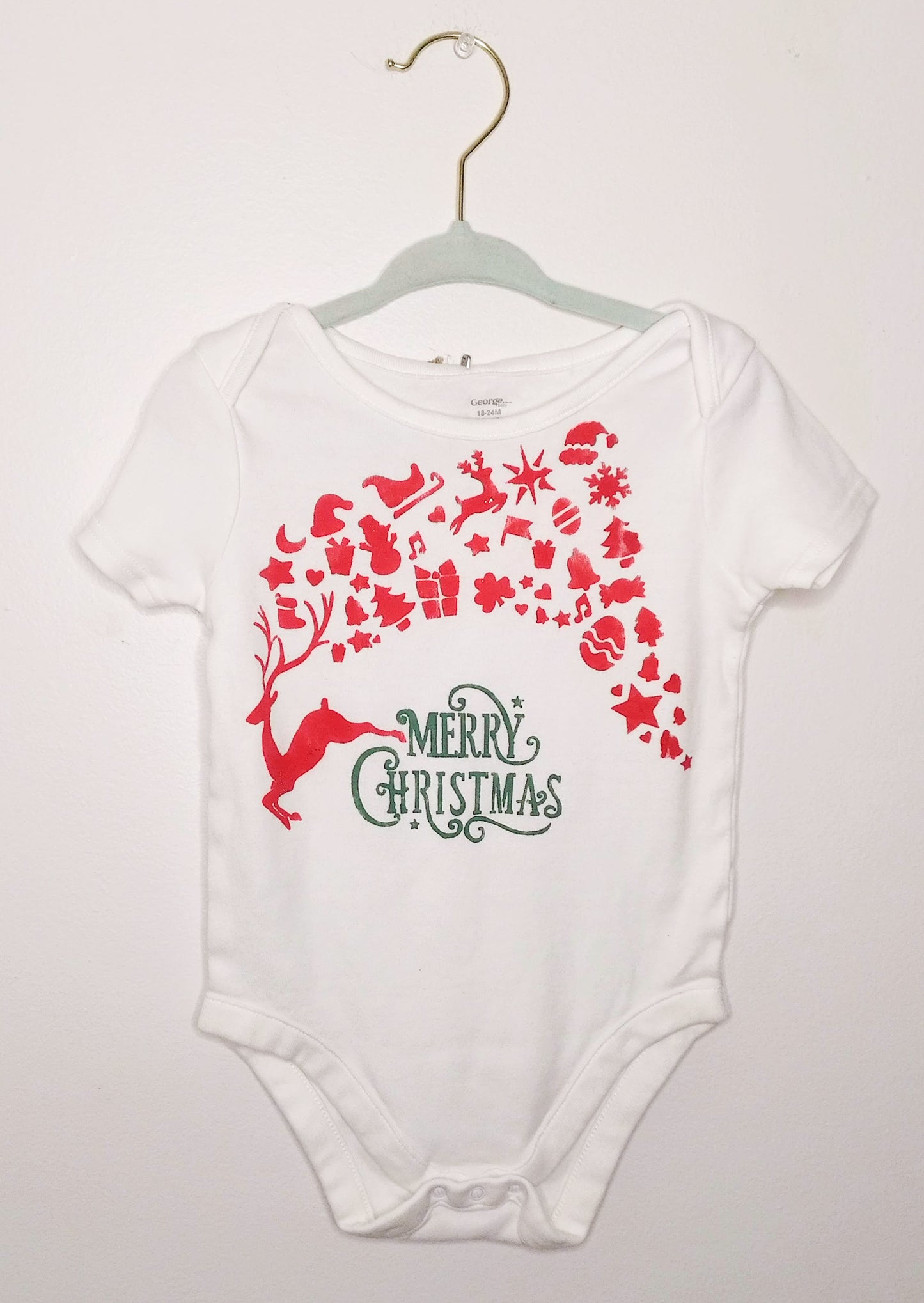 Merry Christmas Reindeer Star Upcycled Bodysuit by Eco Pretty - 18-24 Months