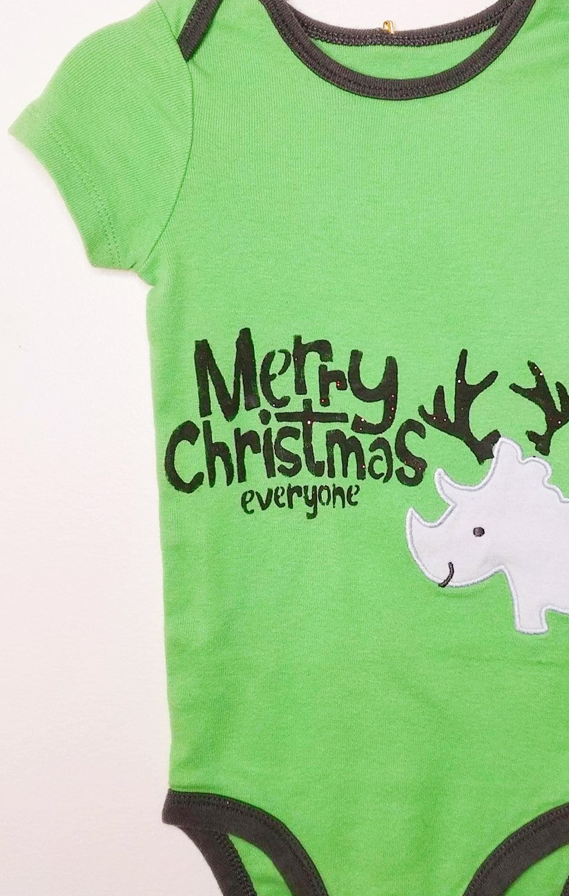 Green Rhino Reindeer Sparkly Merry Christmas Upcycled Bodysuit by Eco Pretty - 6-12 Months