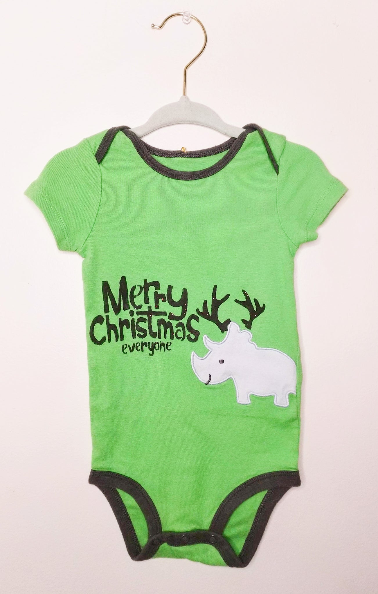 Green Rhino Reindeer Sparkly Merry Christmas Upcycled Bodysuit by Eco Pretty - 6-12 Months