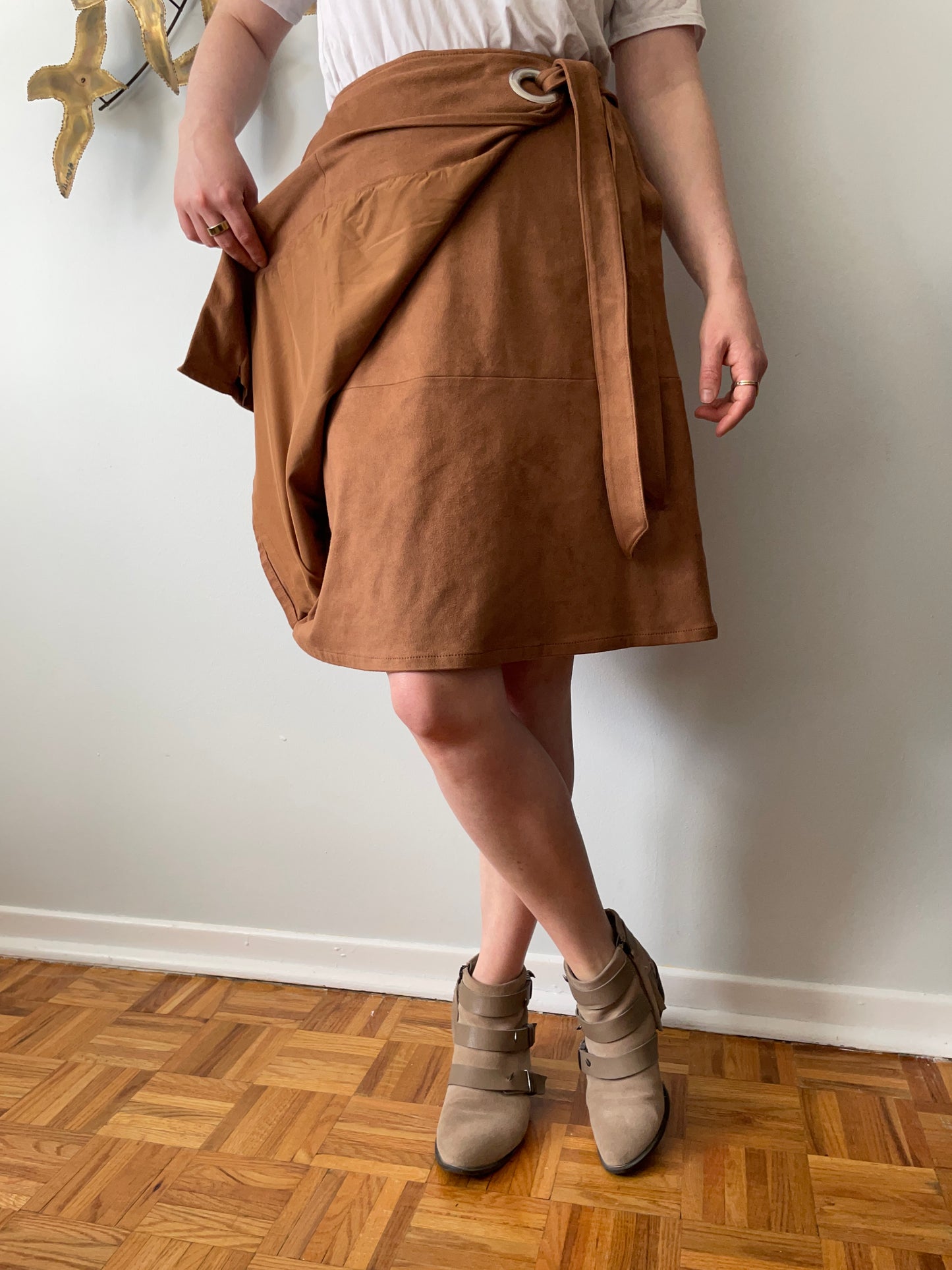 White House Black Market Caramel Faux Suede Wrap Style Skirt - Small