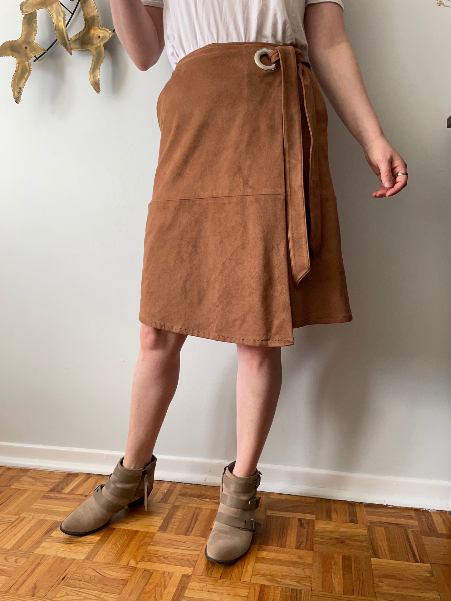 White House Black Market Caramel Faux Suede Wrap Style Skirt - Small