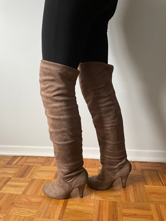 Over the Knee Taupe Faux Suede Heeled Boots - Size 9