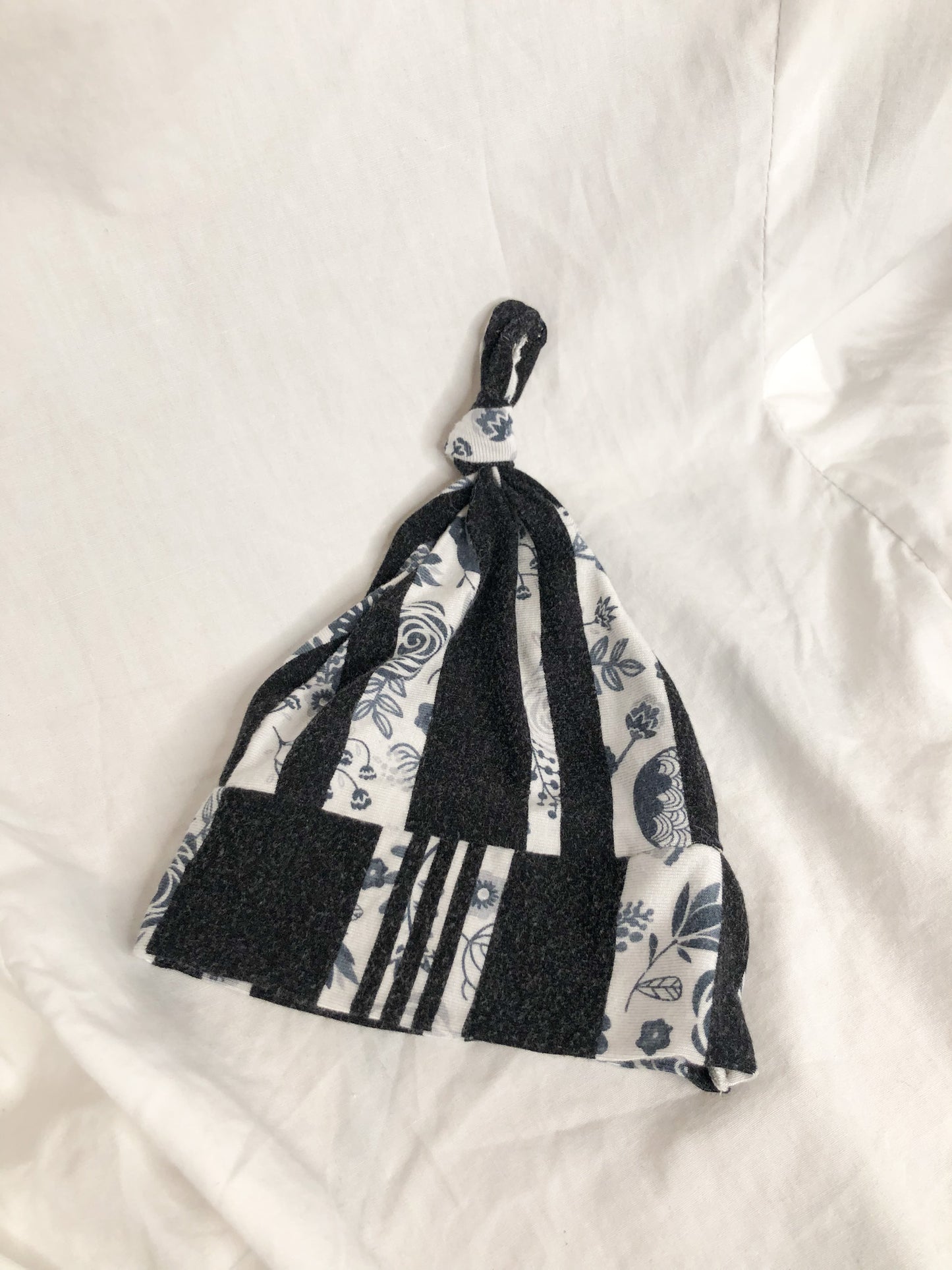 Black & Blue Floral Stripe Upcycled Knot Baby Hat
