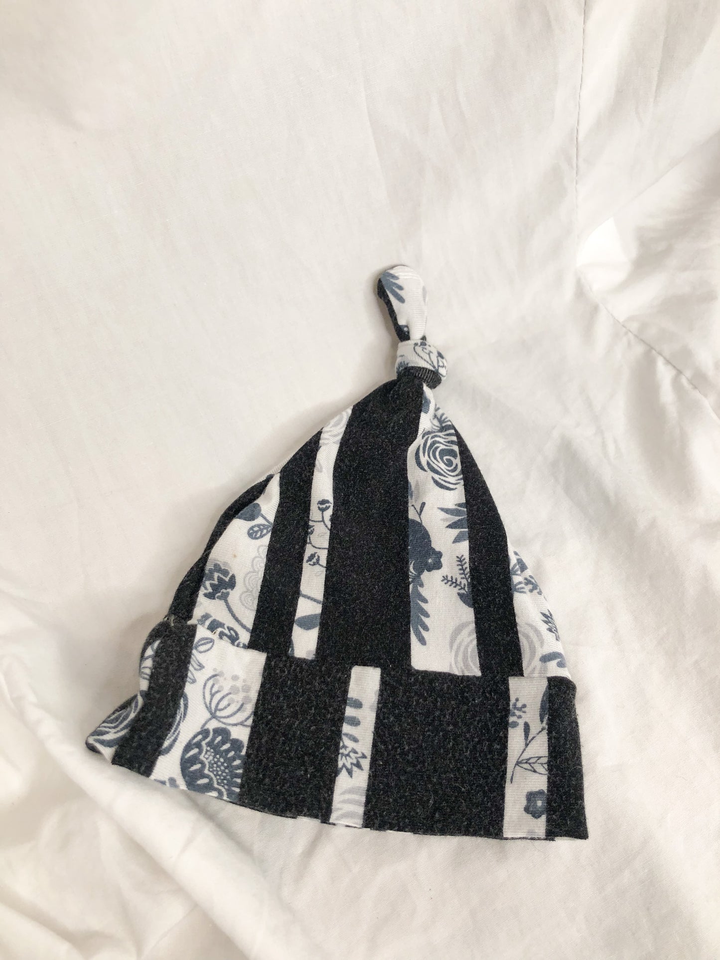Black & Blue Floral Stripe Upcycled Knot Baby Hat