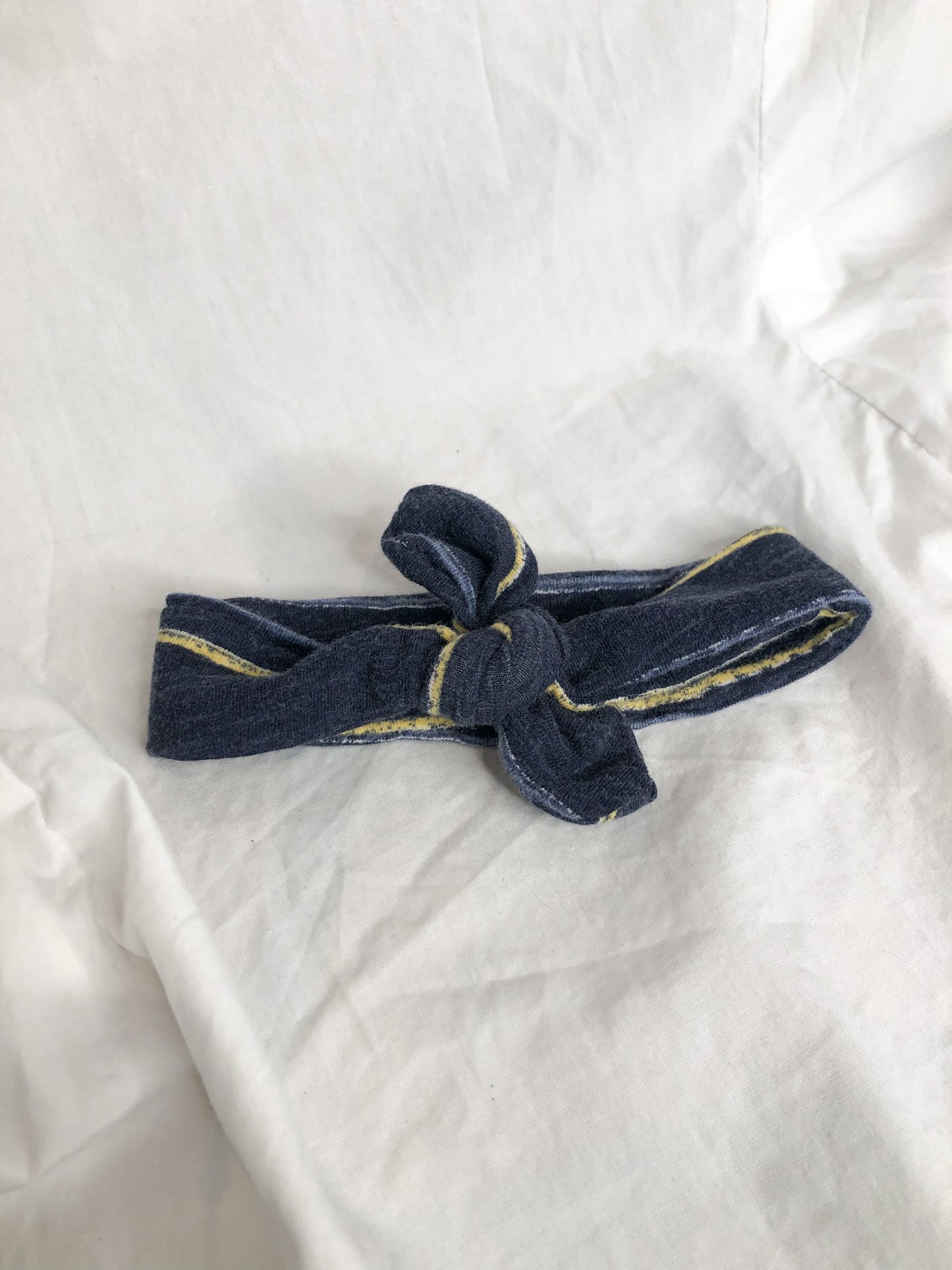 Navy Yellow Stripe Upcycled Grow-With-Me Baby Knot Headband
