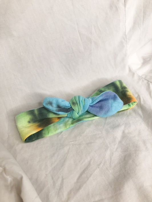 Green Blue Tie Dye Upcycled Grow-With-Me Baby Knot Headband