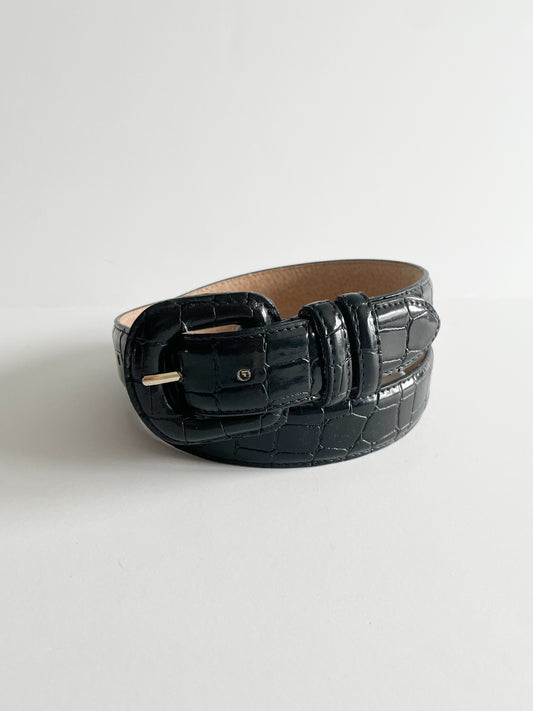 Perry Ellis Black Croco Genuine Leather Belt - Large (30"+)