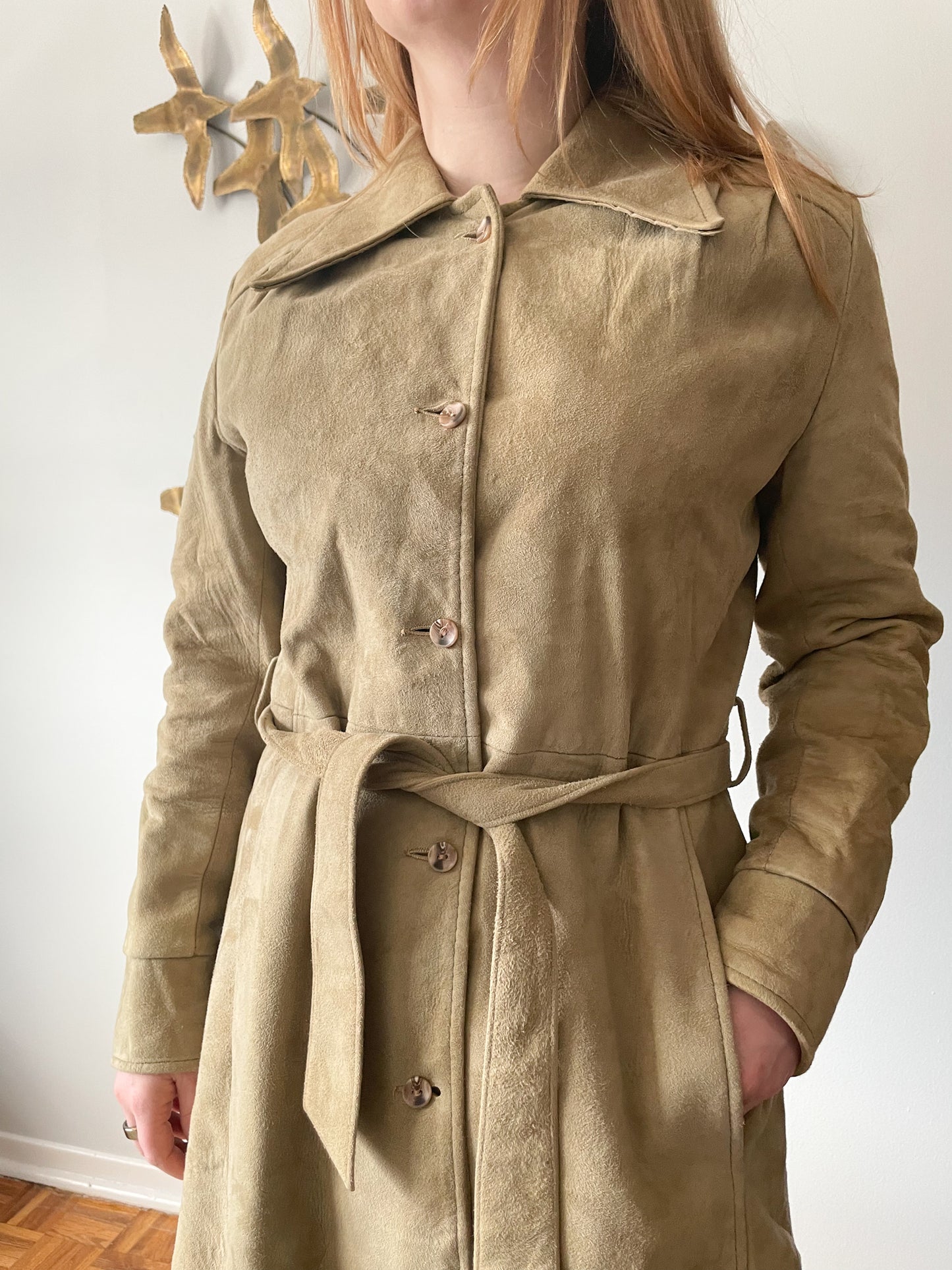 JJ Vintage Beige Suede Trench Dress Jacket - Small