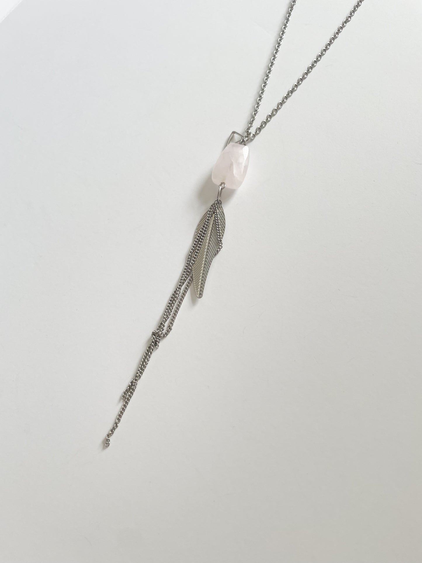 Silver Rose Quartz Leaf Dangle Long Necklace
