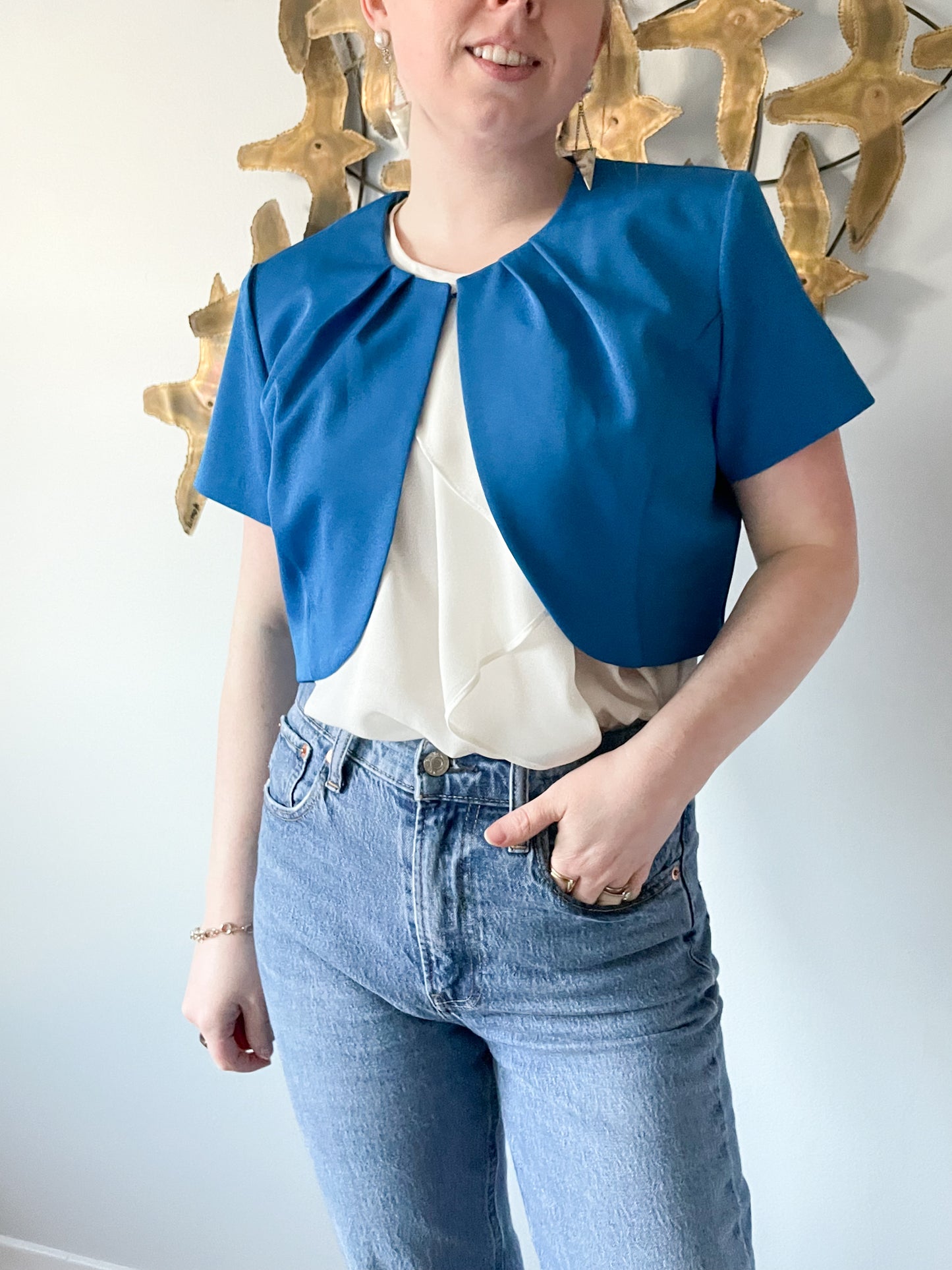 Jessica Blue Cropped Short Sleeve Jacket - Size 10 Petite