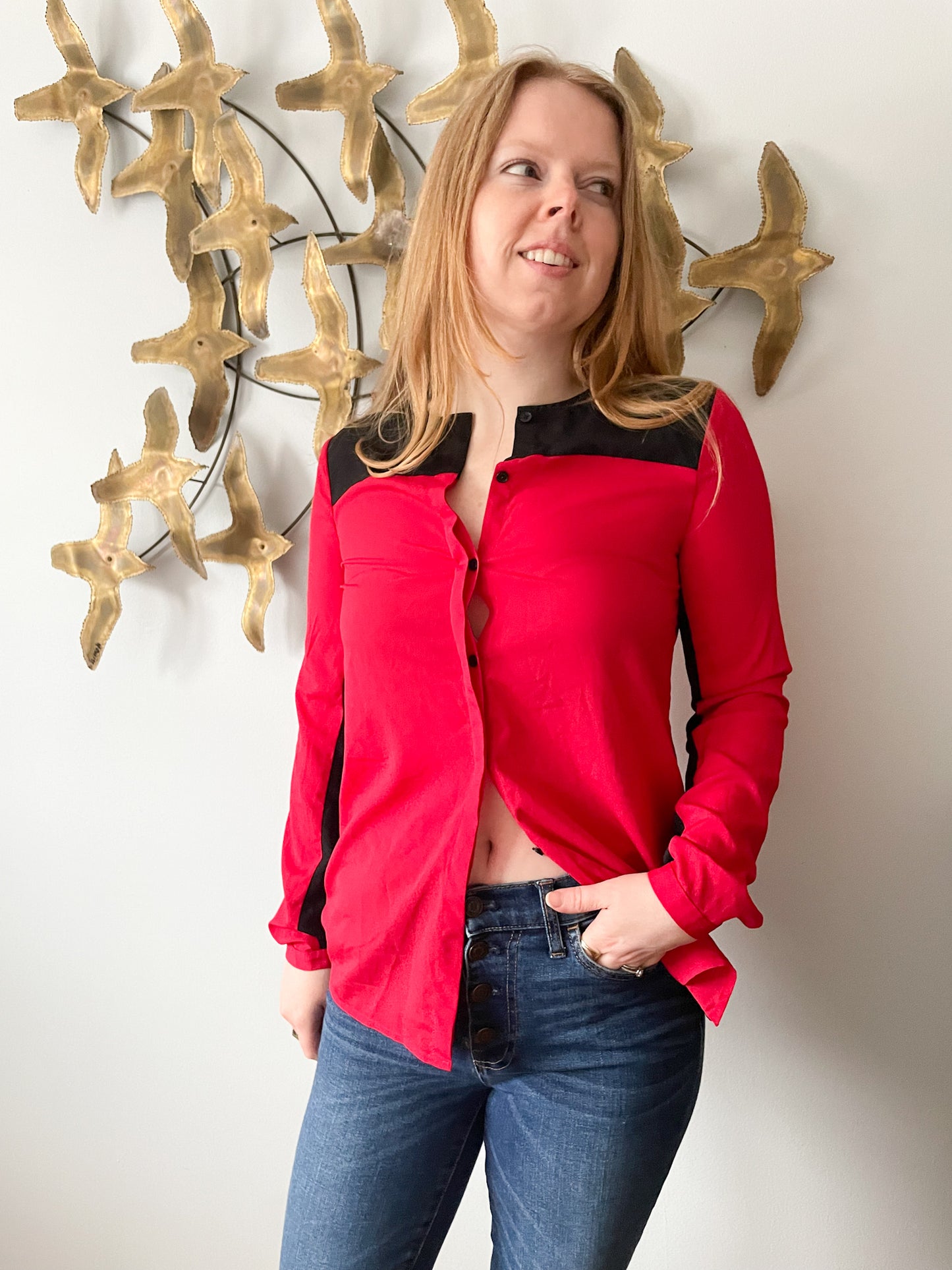 DKNYC Red Black Colour Block Blouse Top - XS