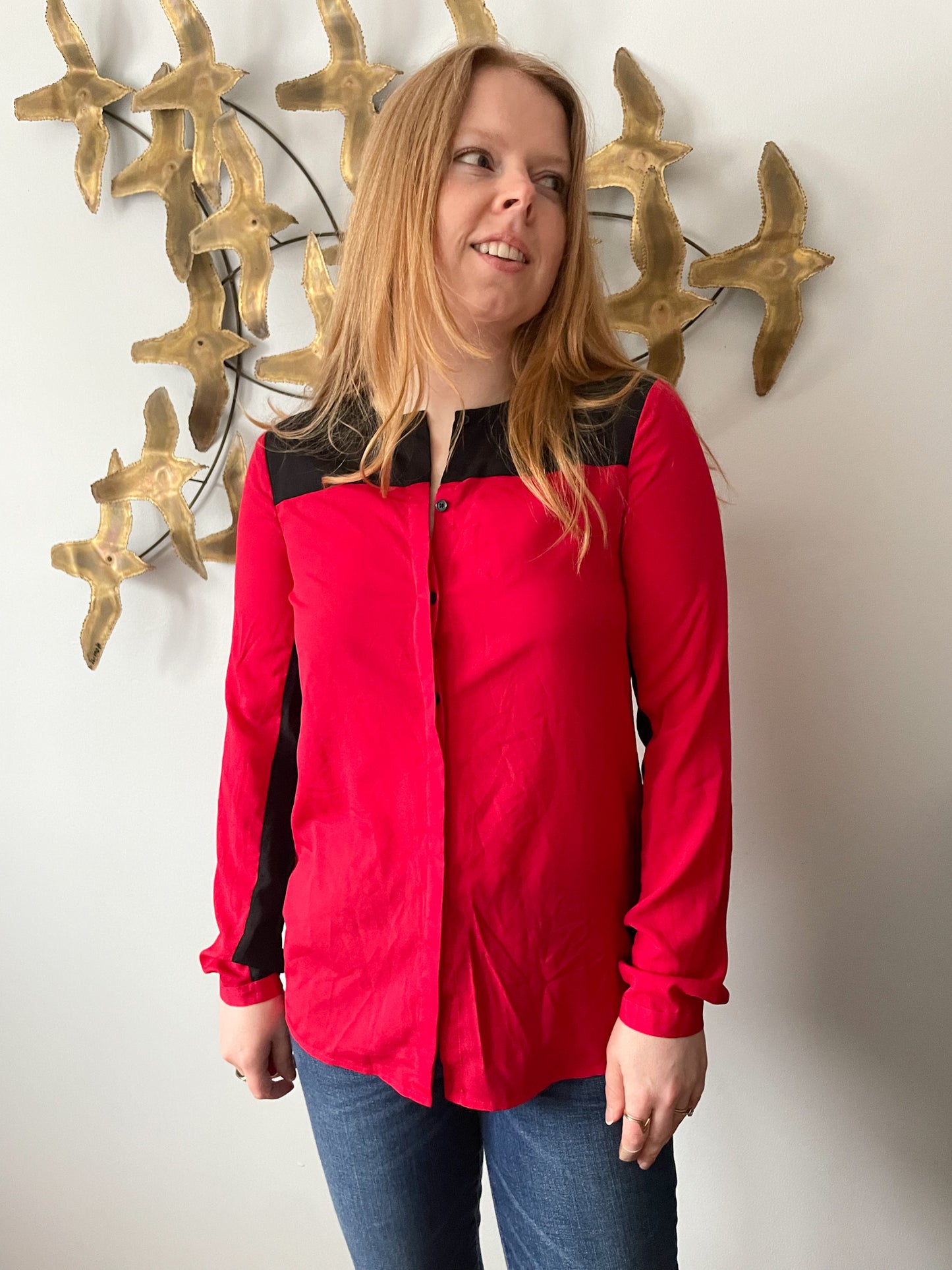 DKNYC Red Black Colour Block Blouse Top - XS