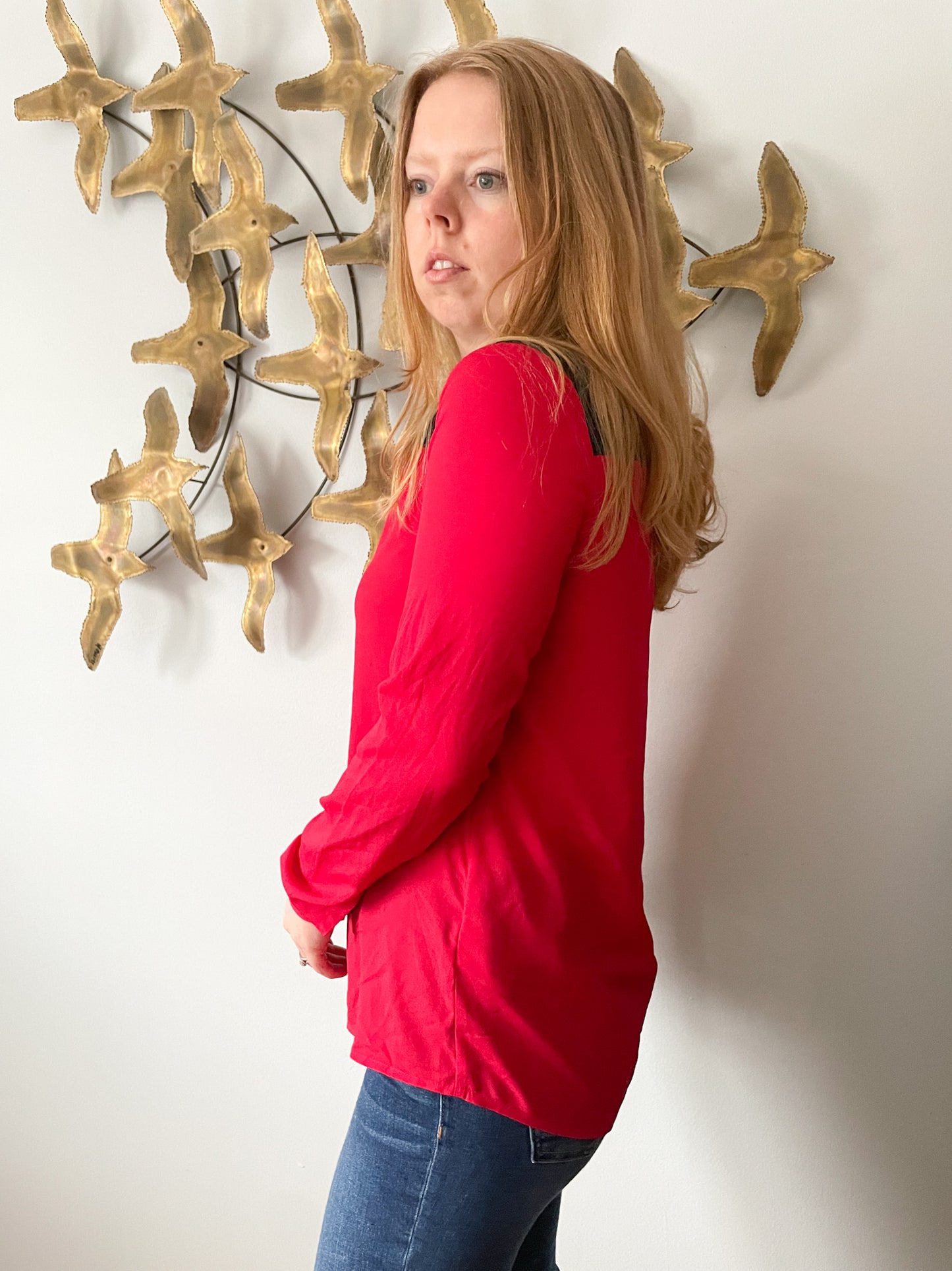 DKNYC Red Black Colour Block Blouse Top - XS