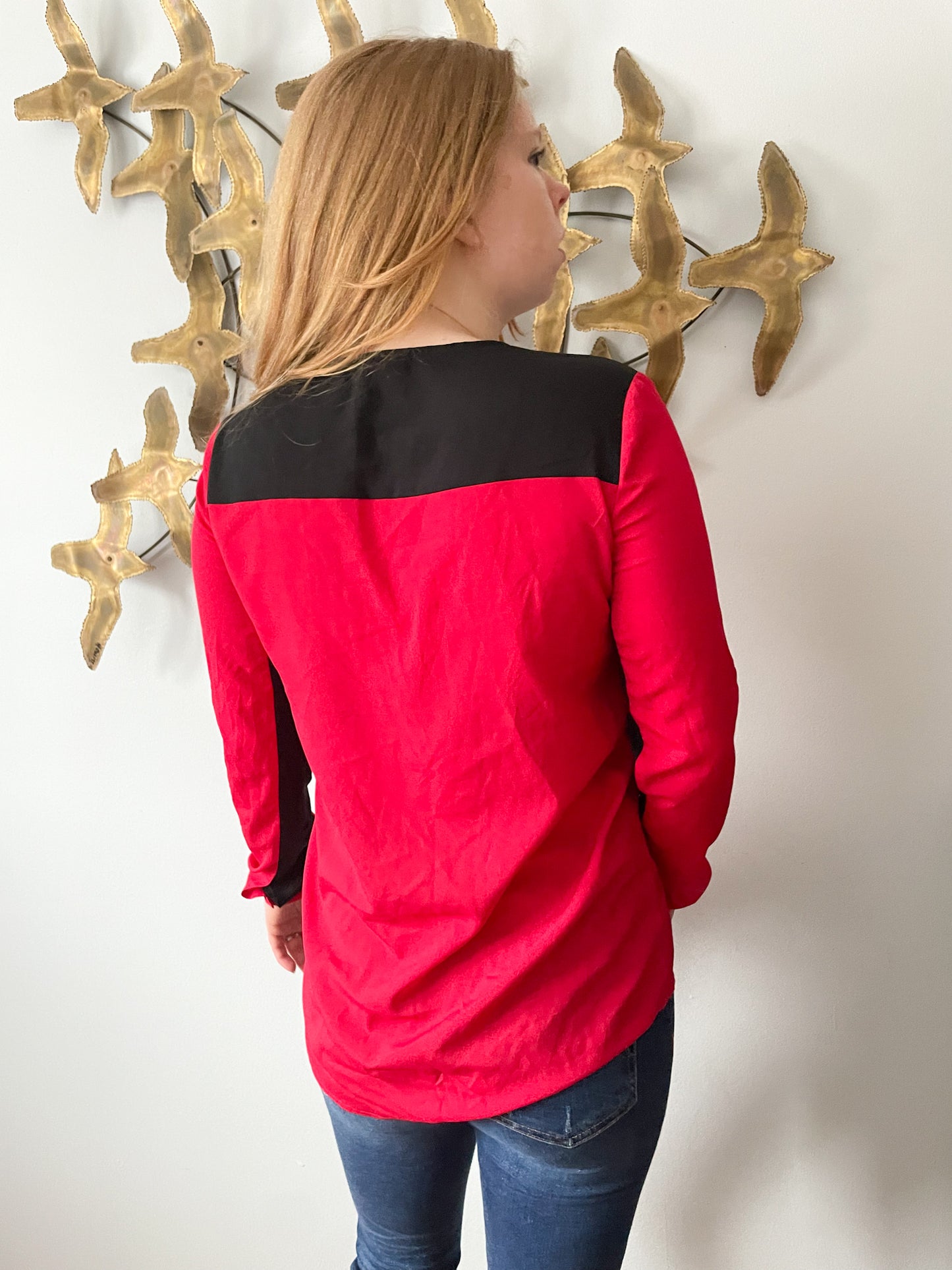 DKNYC Red Black Colour Block Blouse Top - XS