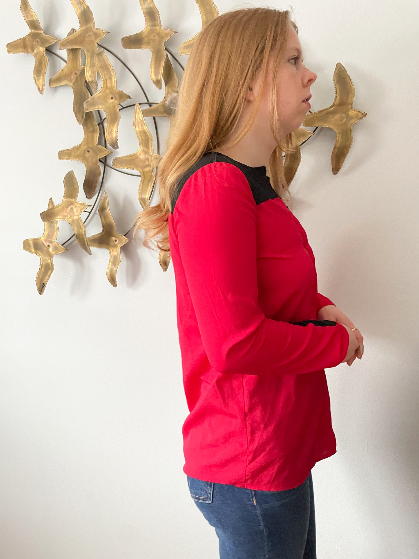 DKNYC Red Black Colour Block Blouse Top - XS