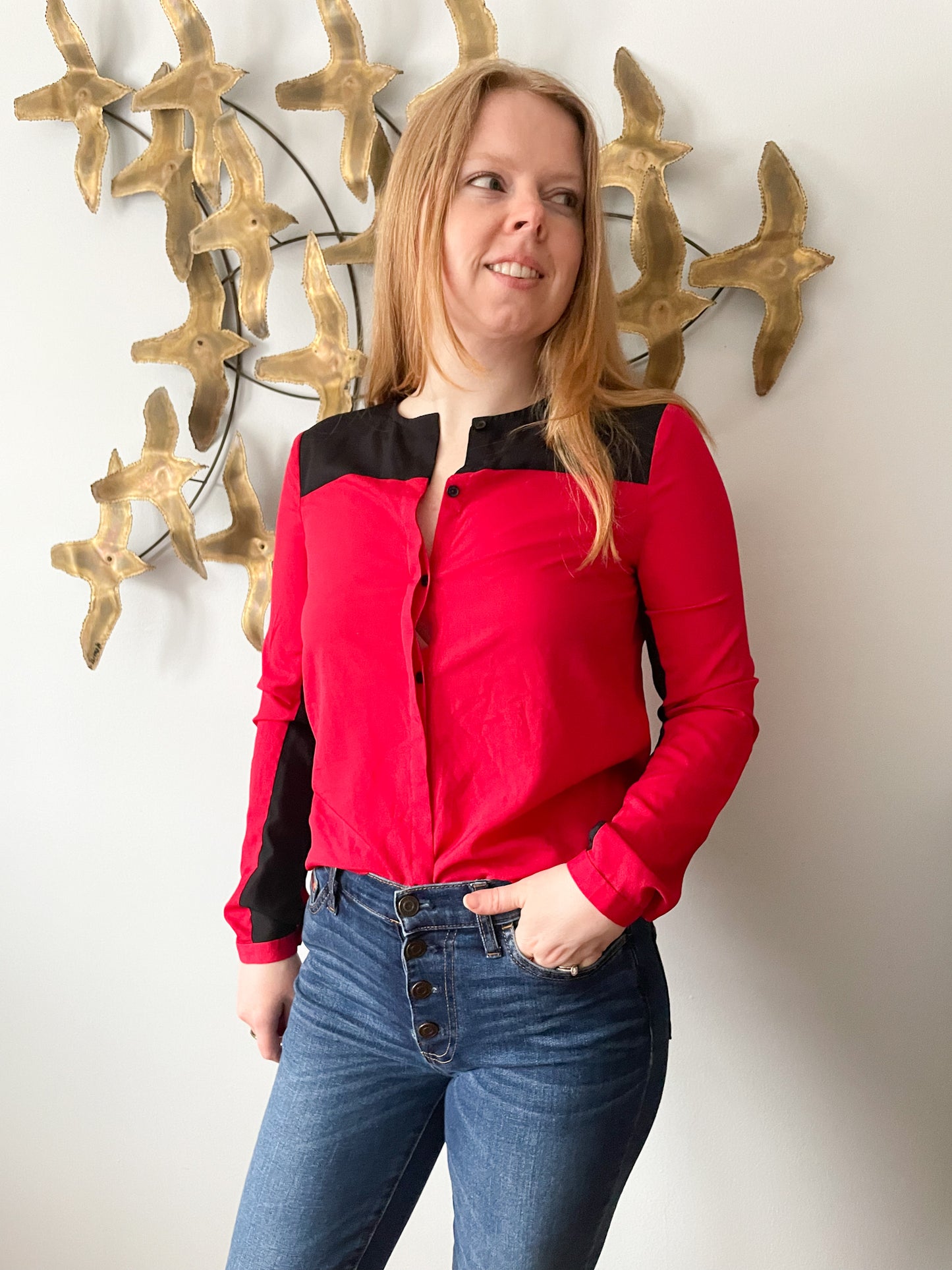 DKNYC Red Black Colour Block Blouse Top - XS