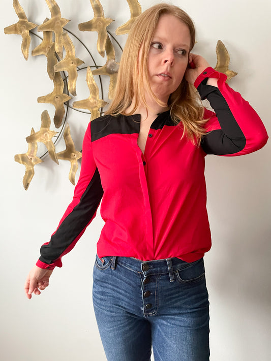 DKNYC Red Black Colour Block Blouse Top - XS