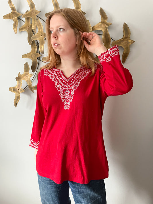 Karen Scott Red Embroidered Tunic Top / Coverup - Large