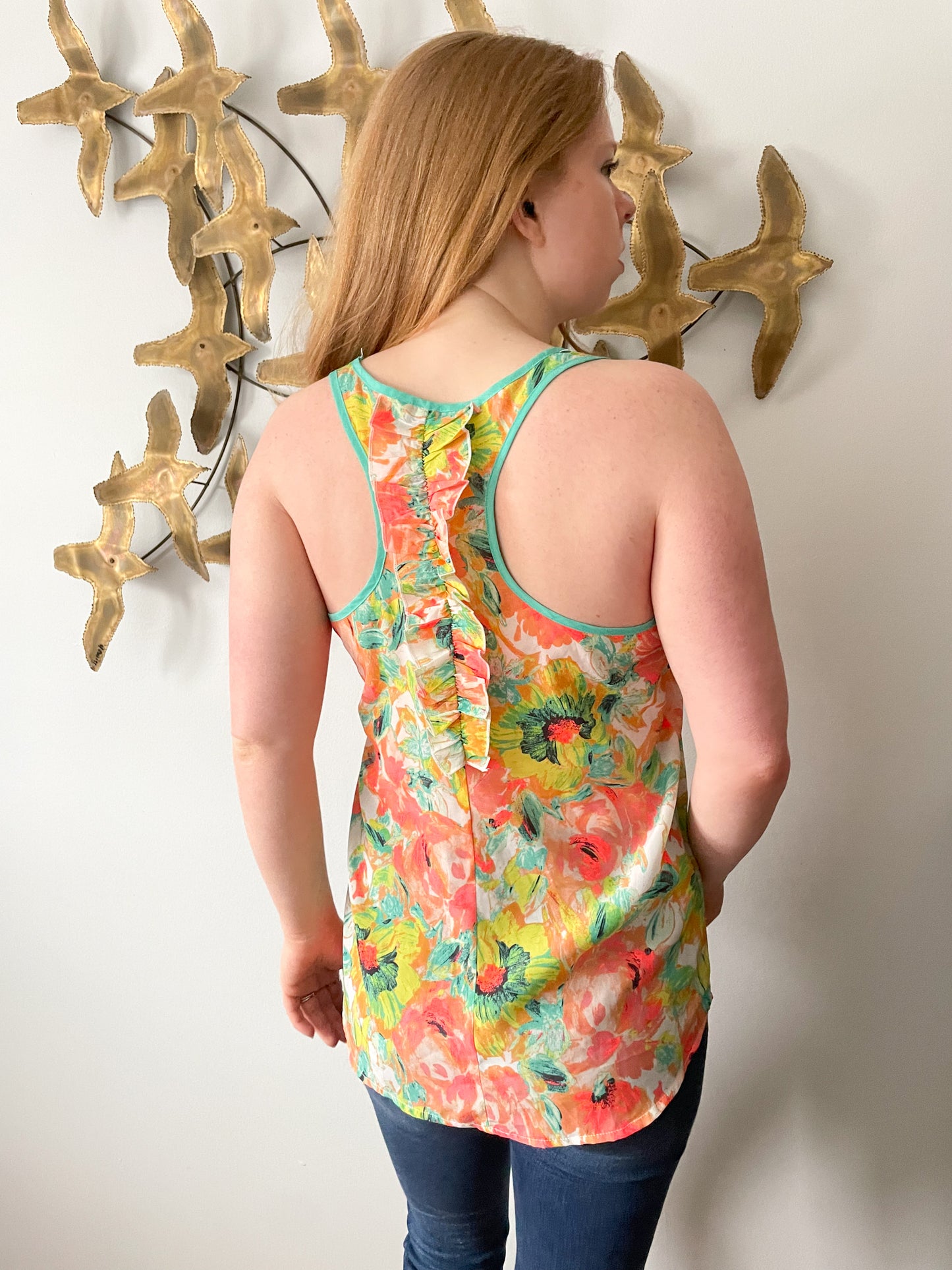 Candie's Neon Floral Ruffle Sleeveless Top - Small
