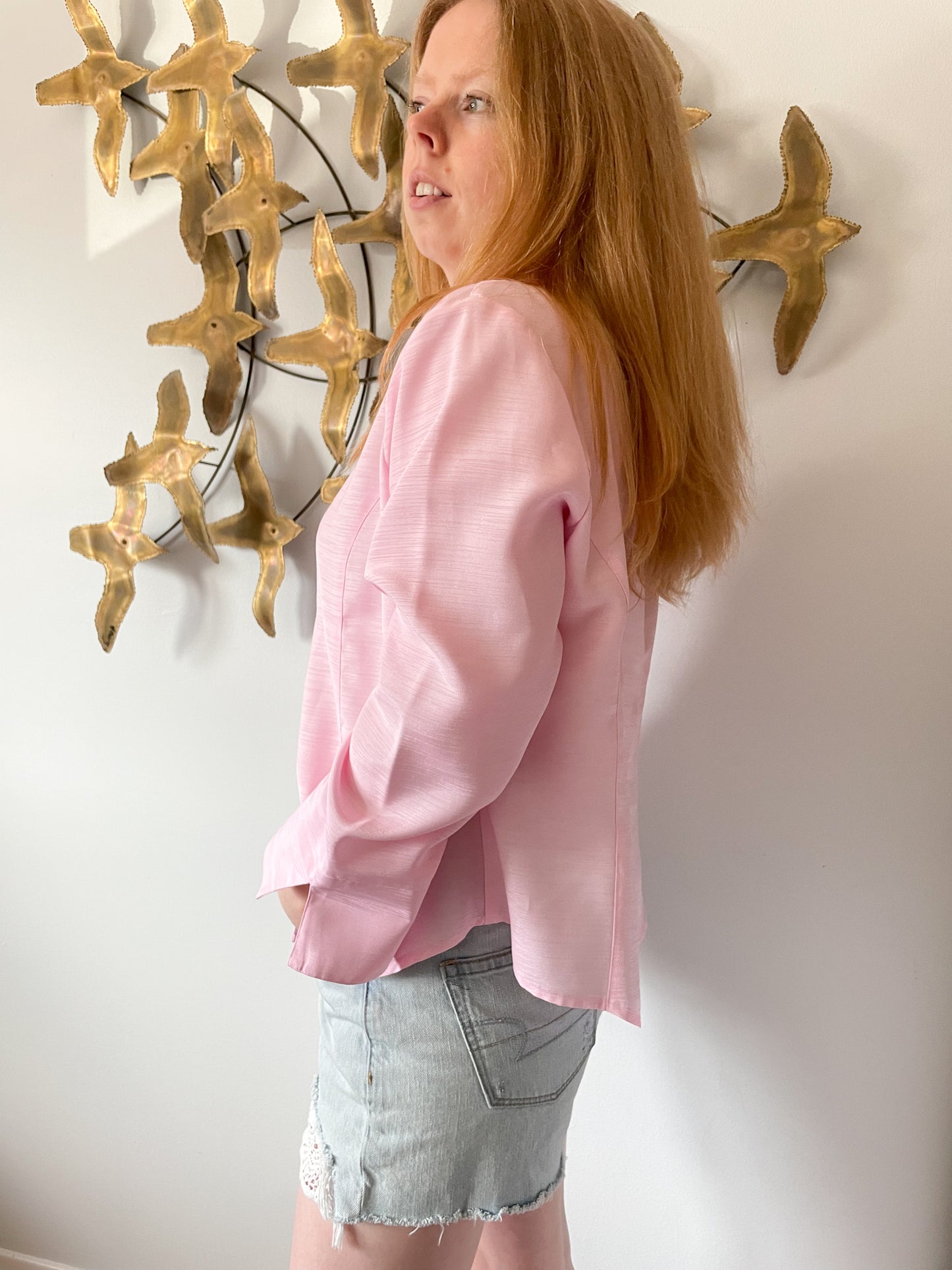 Gilani Light Pink Textured Satin Button Down Blouse Top - Size 14