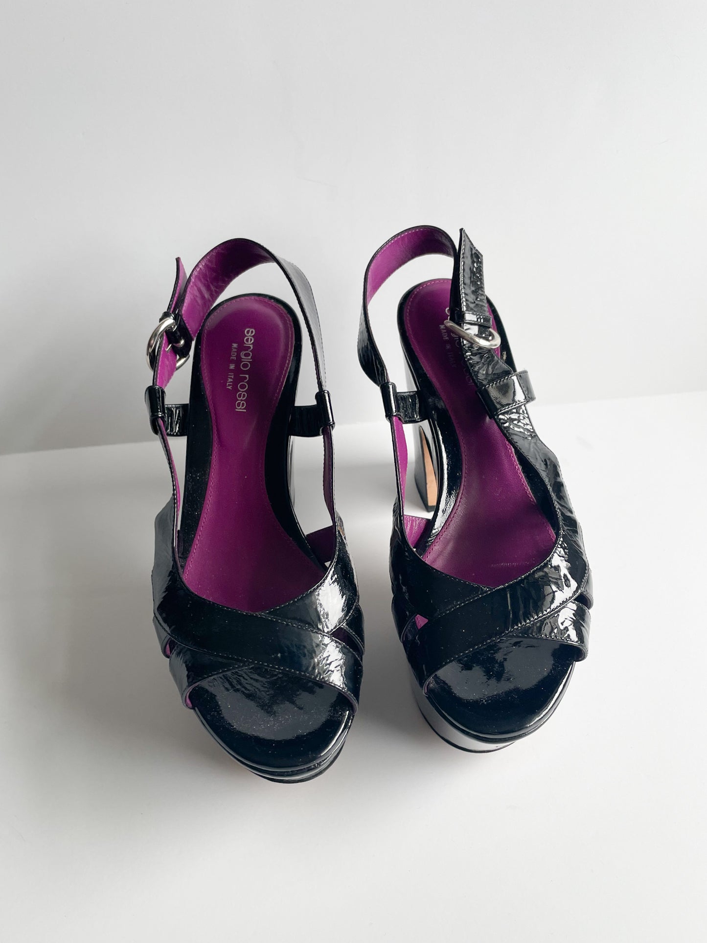 Sergio Rossi Black Patent Leather Luxury Platform Slingback Sandal Heels - Size 38.5 (8.5)
