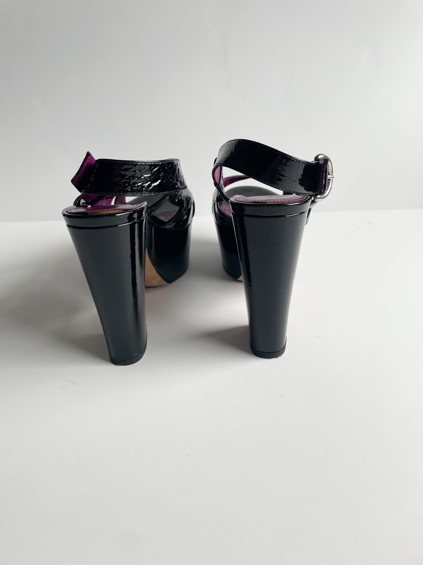 Sergio Rossi Black Patent Leather Luxury Platform Slingback Sandal Heels - Size 38.5 (8.5)