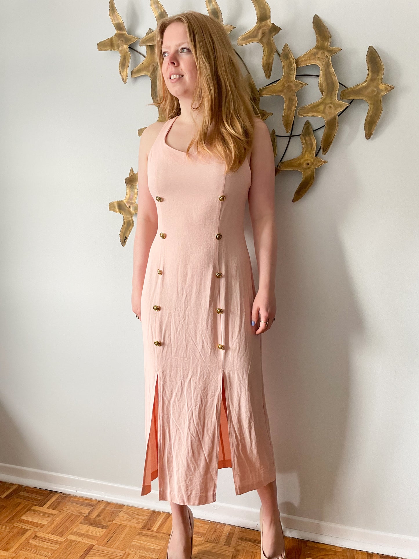 Vintage Beechers Brook Baby Pink Button Slit Midi Dress - S/M