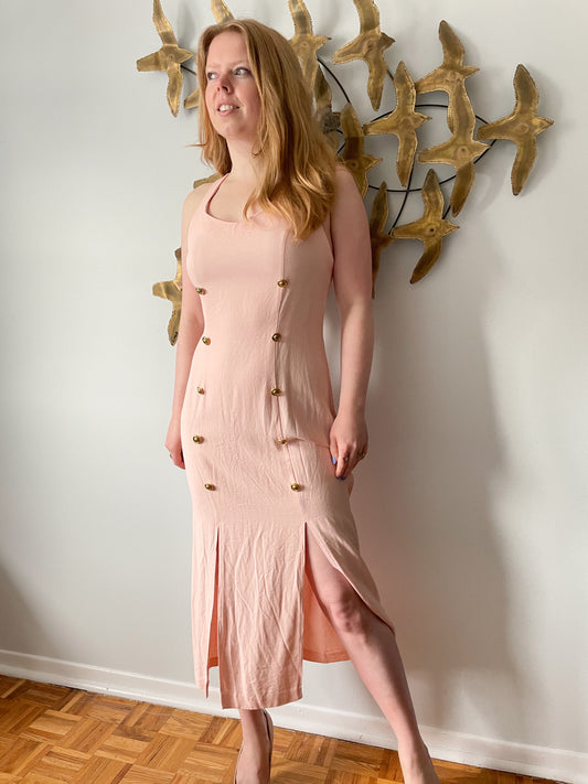 Vintage Beechers Brook Baby Pink Button Slit Midi Dress - S/M