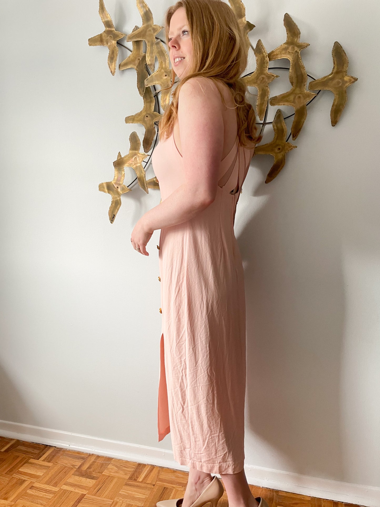 Vintage Beechers Brook Baby Pink Button Slit Midi Dress - S/M