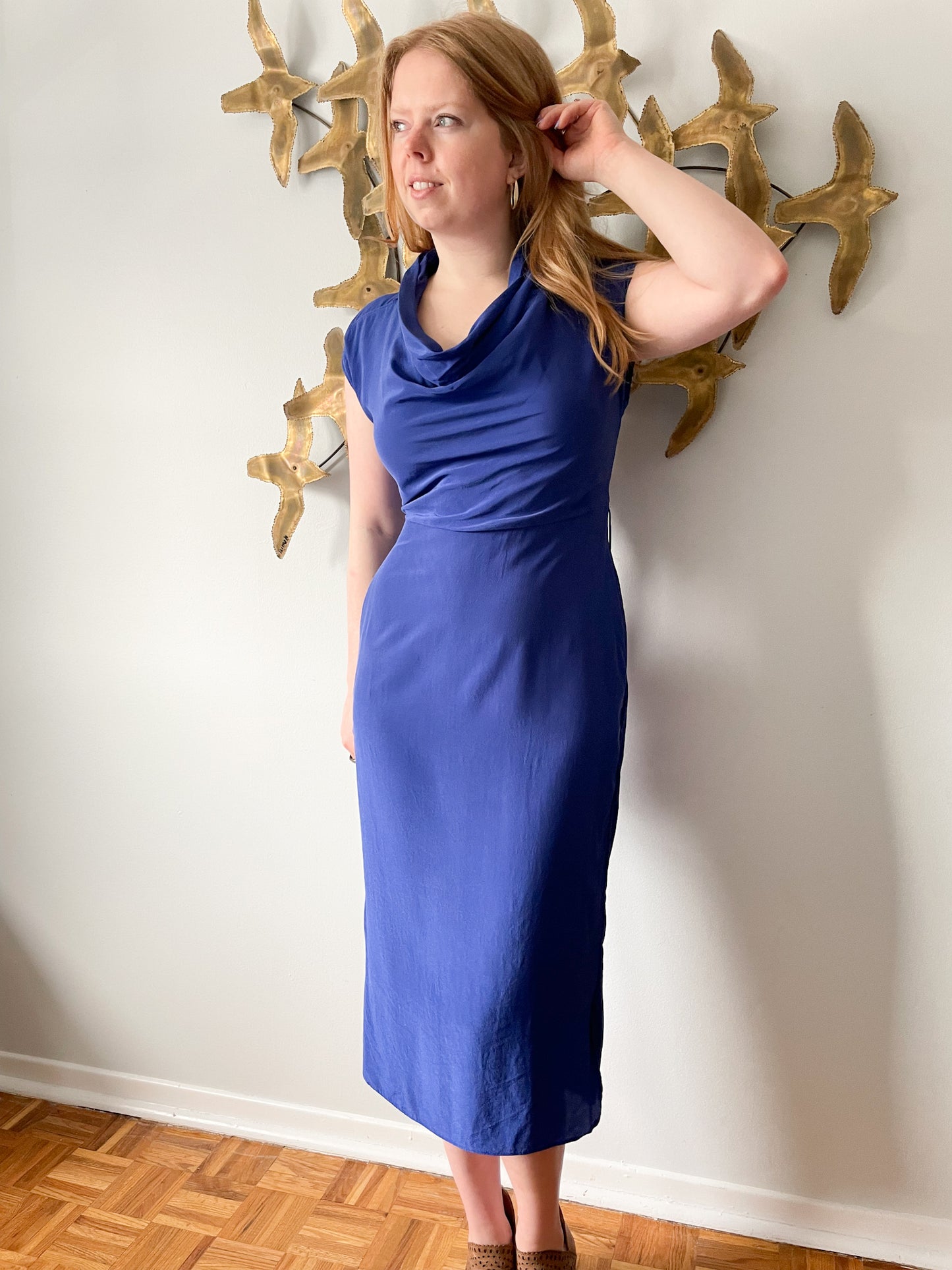 Ted Baker Blue 100% Silk Sheath Midi Dress - Size 2