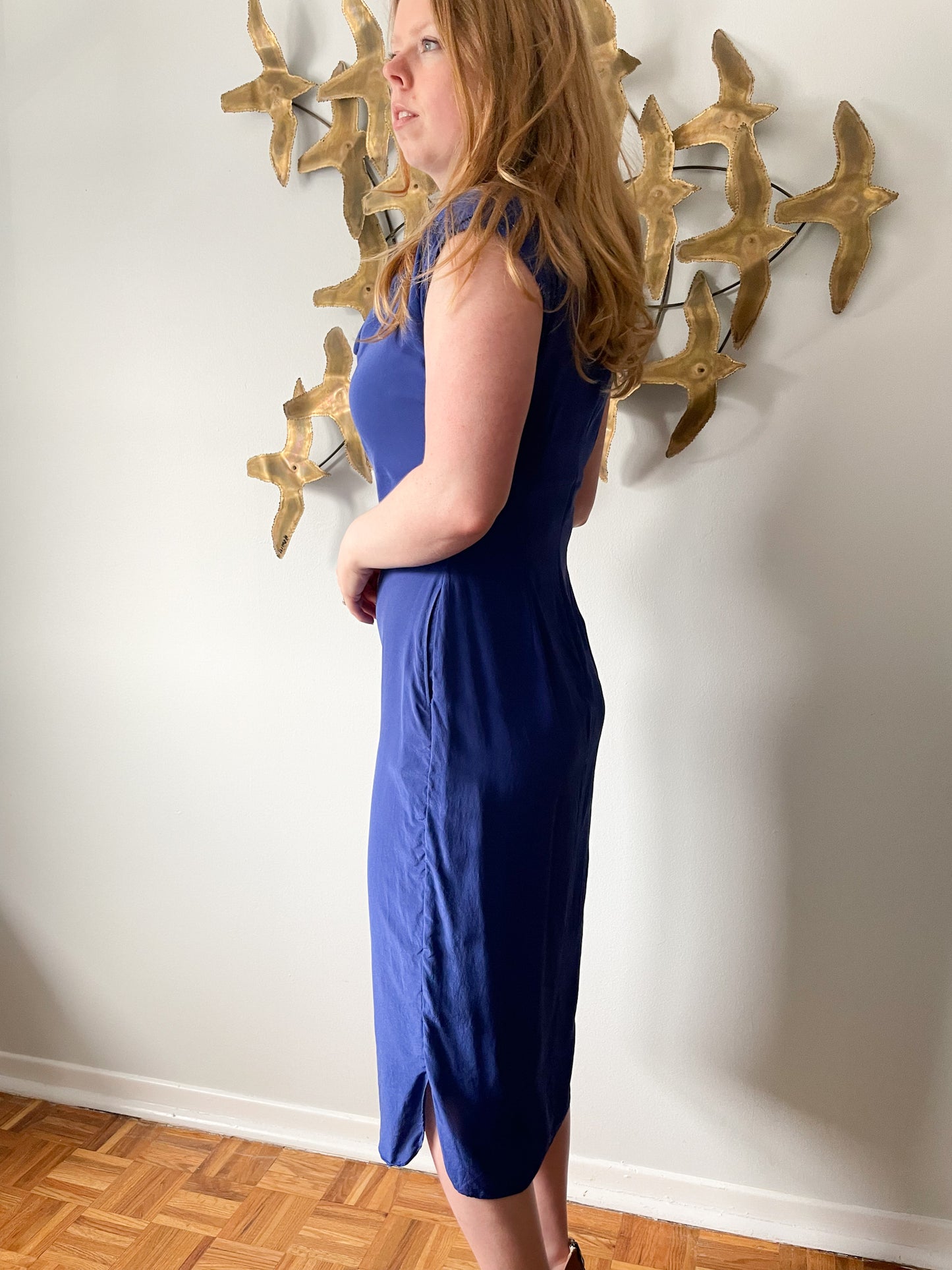 Ted Baker Blue 100% Silk Sheath Midi Dress - Size 2