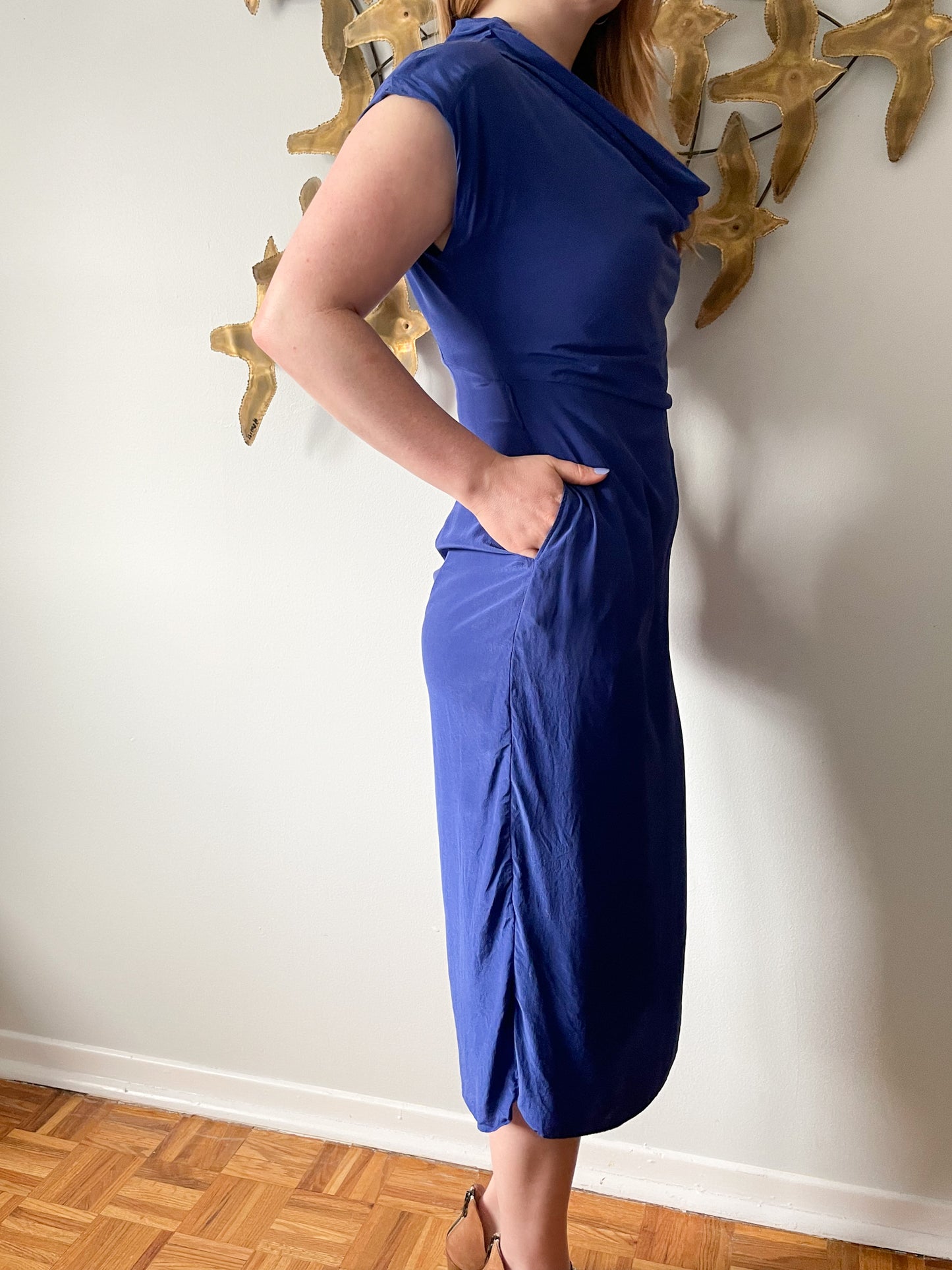 Ted Baker Blue 100% Silk Sheath Midi Dress - Size 2