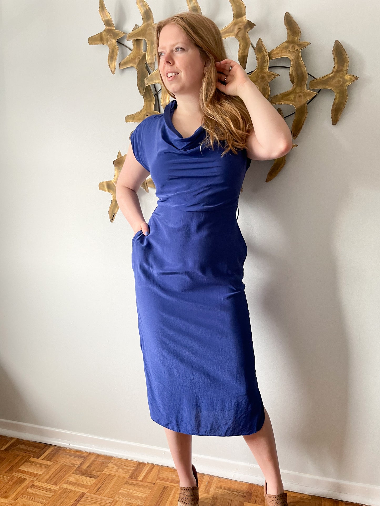 Ted Baker Blue 100% Silk Sheath Midi Dress - Size 2