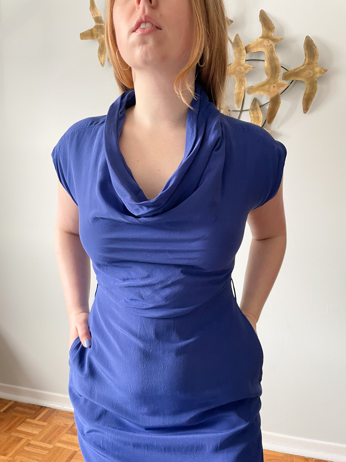 Ted Baker Blue 100% Silk Sheath Midi Dress - Size 2