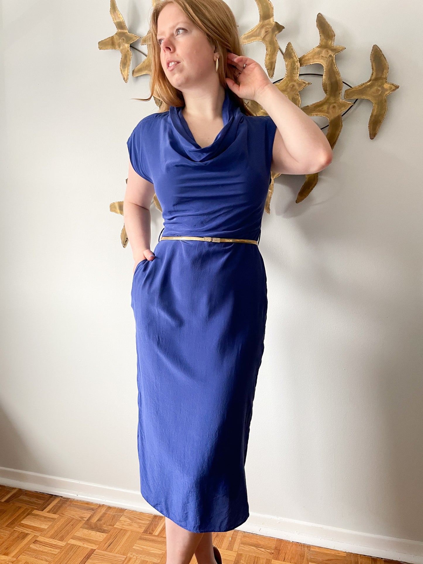 Ted Baker Blue 100% Silk Sheath Midi Dress - Size 2