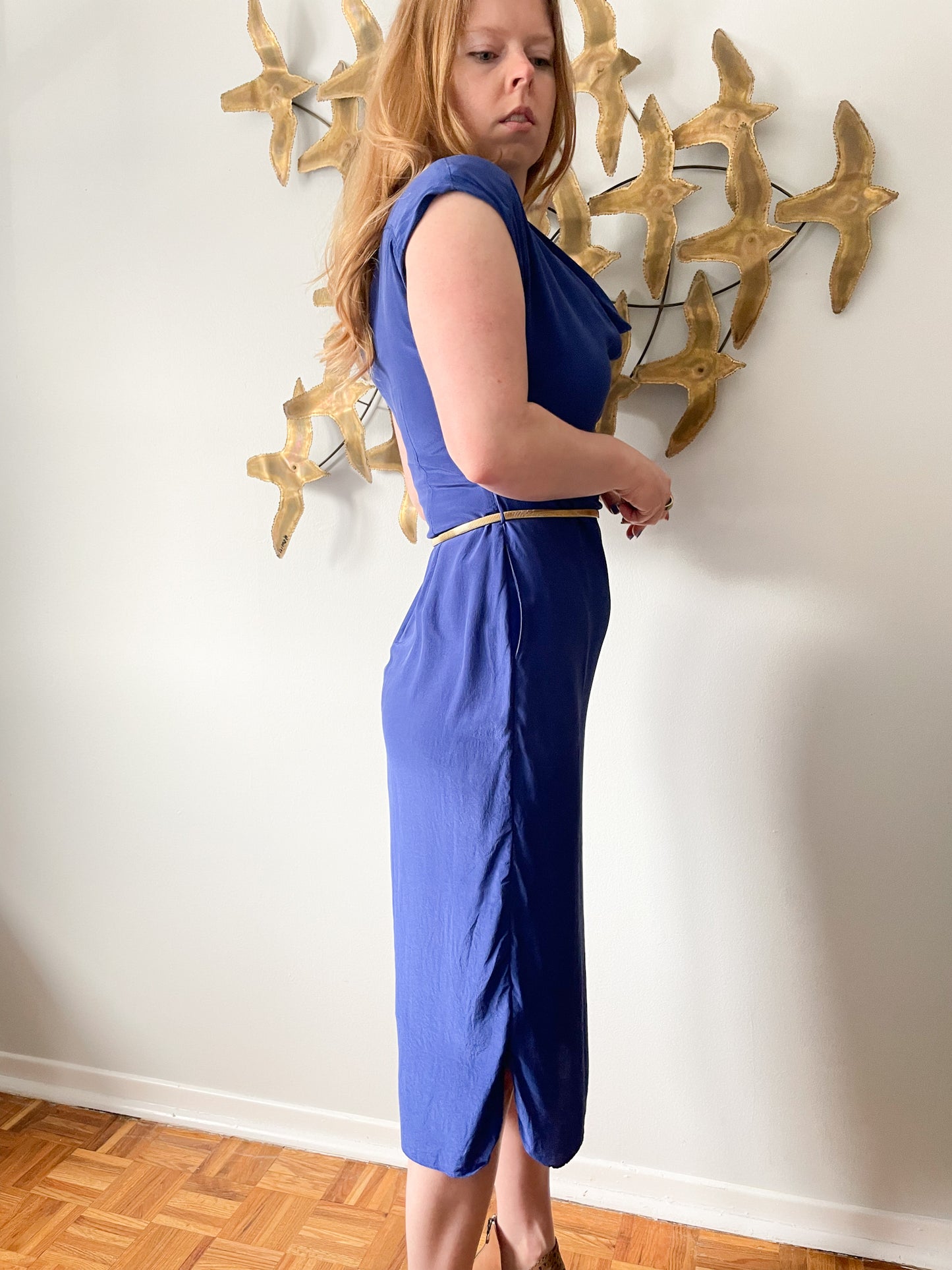 Ted Baker Blue 100% Silk Sheath Midi Dress - Size 2
