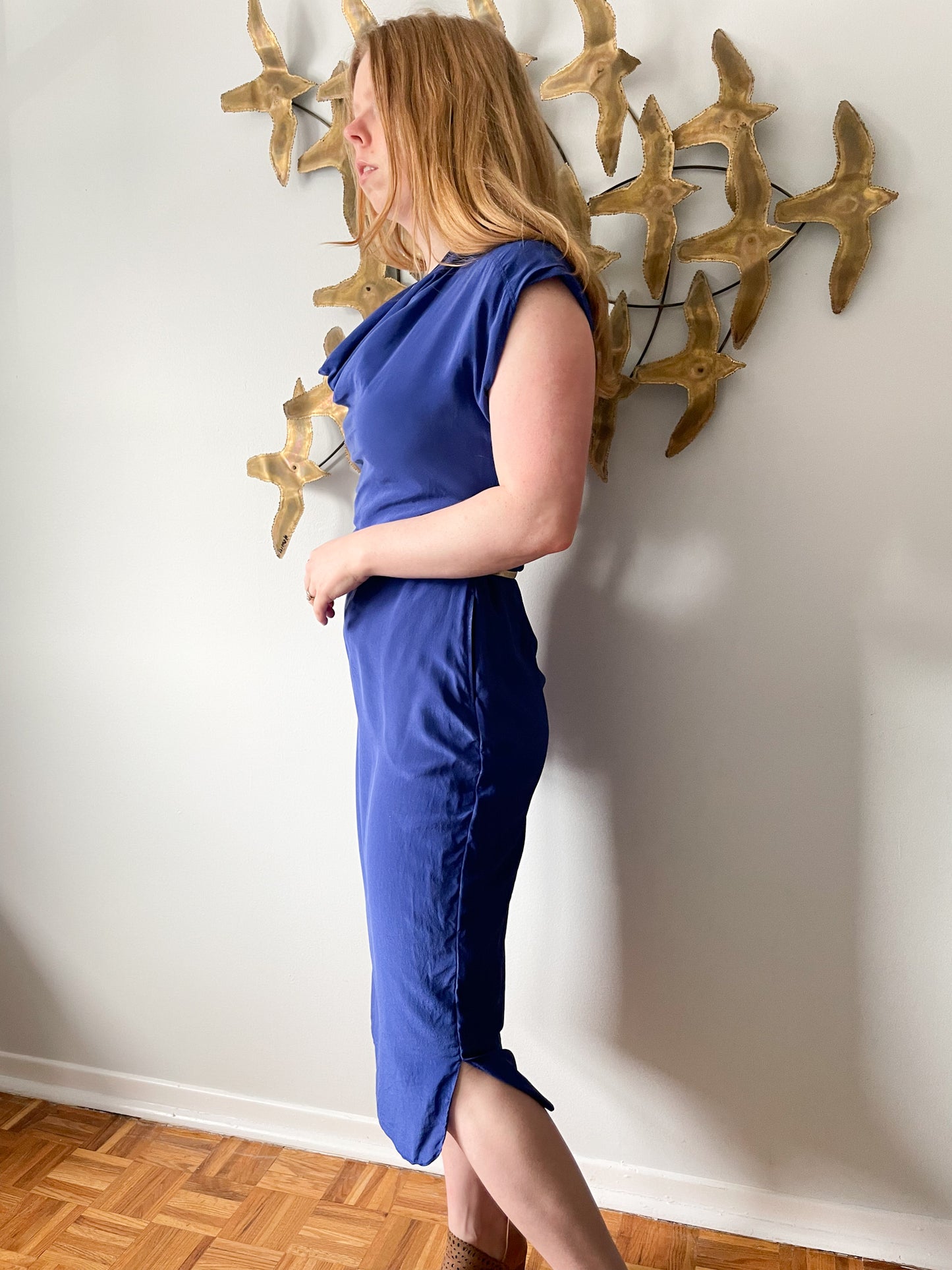 Ted Baker Blue 100% Silk Sheath Midi Dress - Size 2