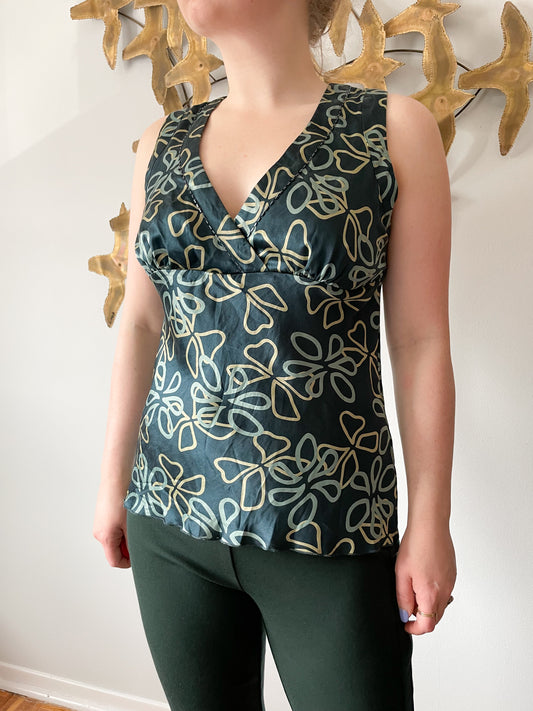 Jacob Dark Green Floral Print Silk Top - Medium