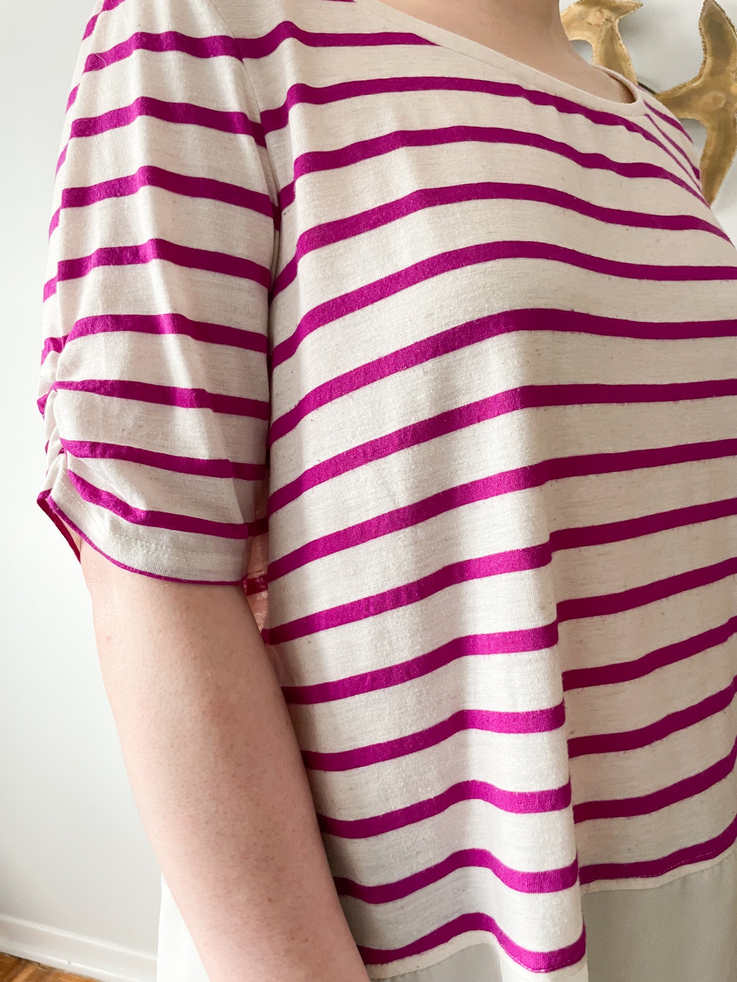 Style & Co. Heathered Purple Stripe Linen Blend Flowy 1/2 Sleeve Top - Large