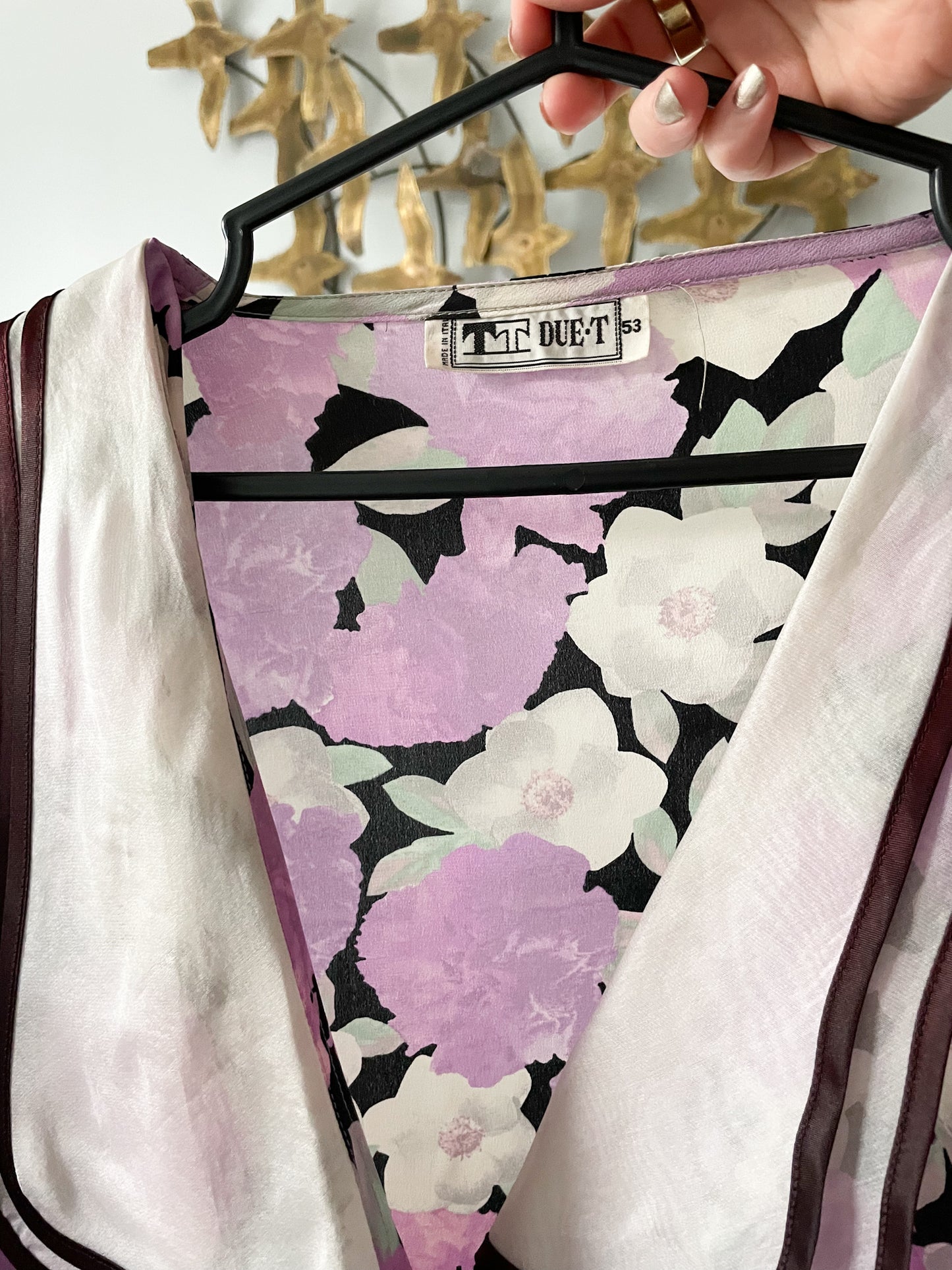 TT DUE T Vintage 100% Silk Lilac Floral Patterned Button Up Mid Sleeve Shirt NWT - Size 3XL
